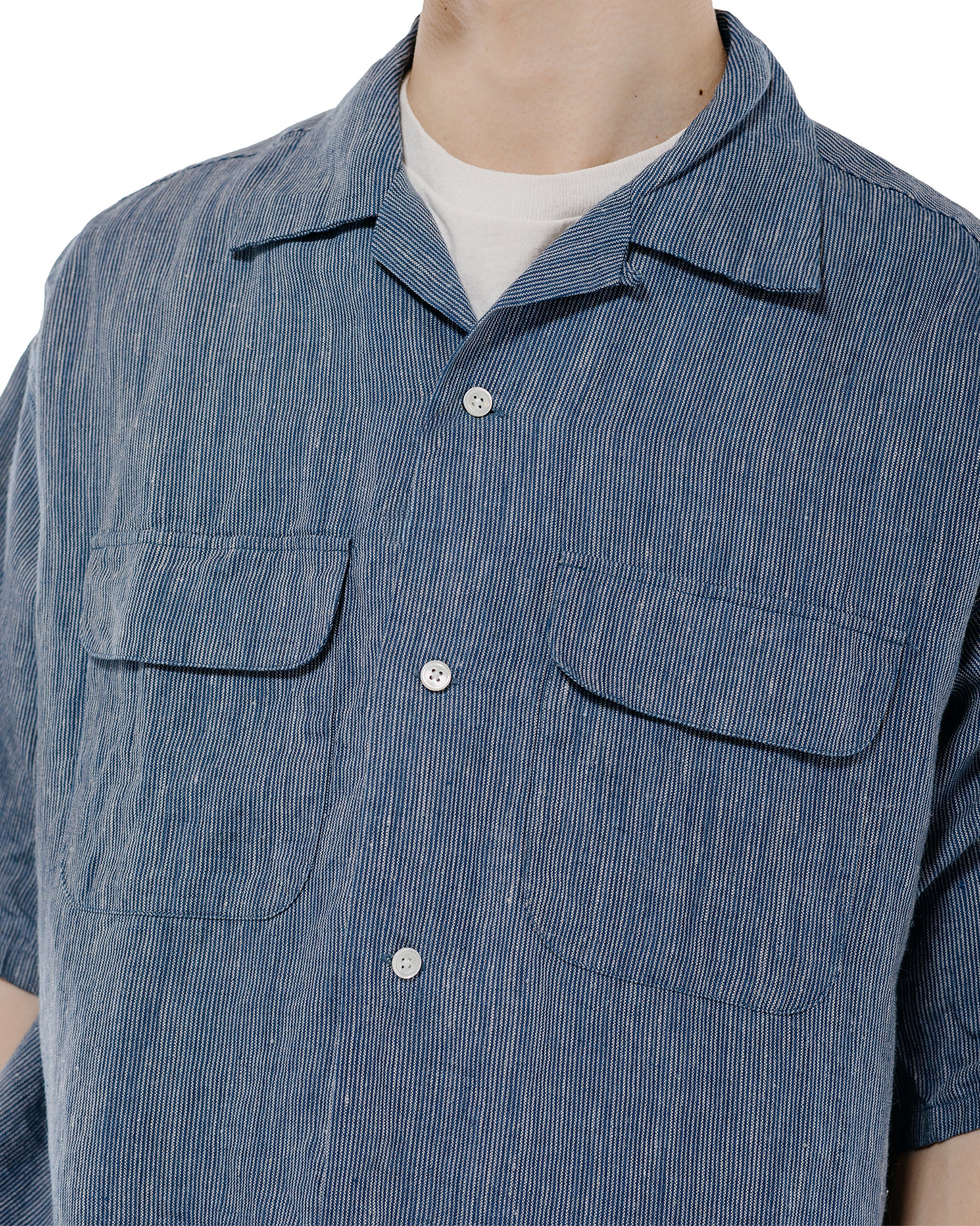 Beams Plus Open Collar Indigo Linen Stripe