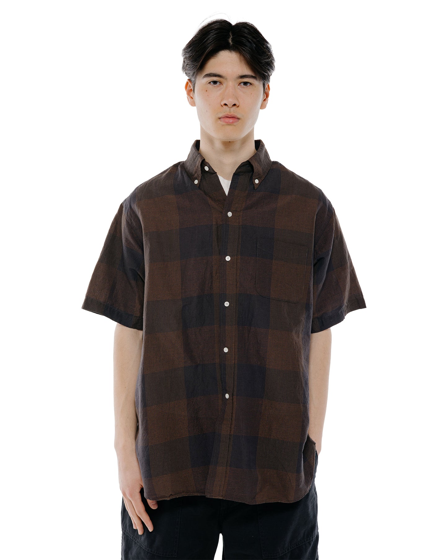 Beams Plus B.D. Classic Fit Cotton Linen Cord Check BlackBrown