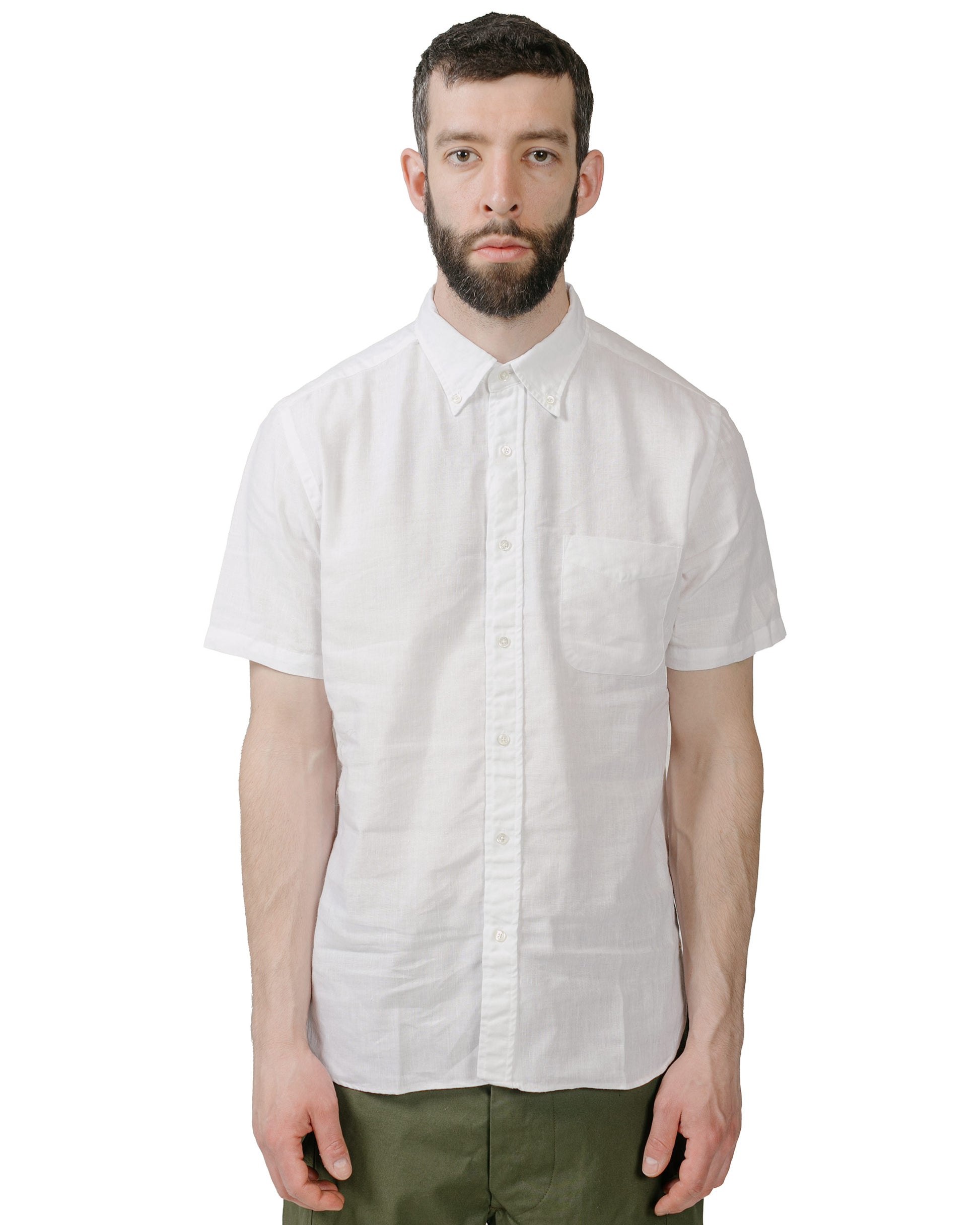 Beams Plus B.D. Short Sleeve COOLMAX® Linen White model front