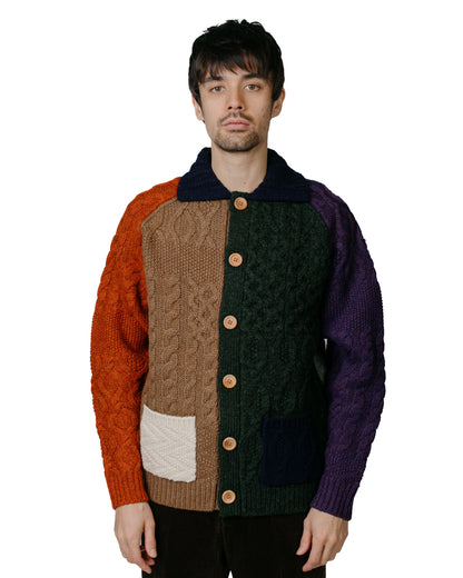 Beams Plus Cardigan Aran Patchwork Multi model front