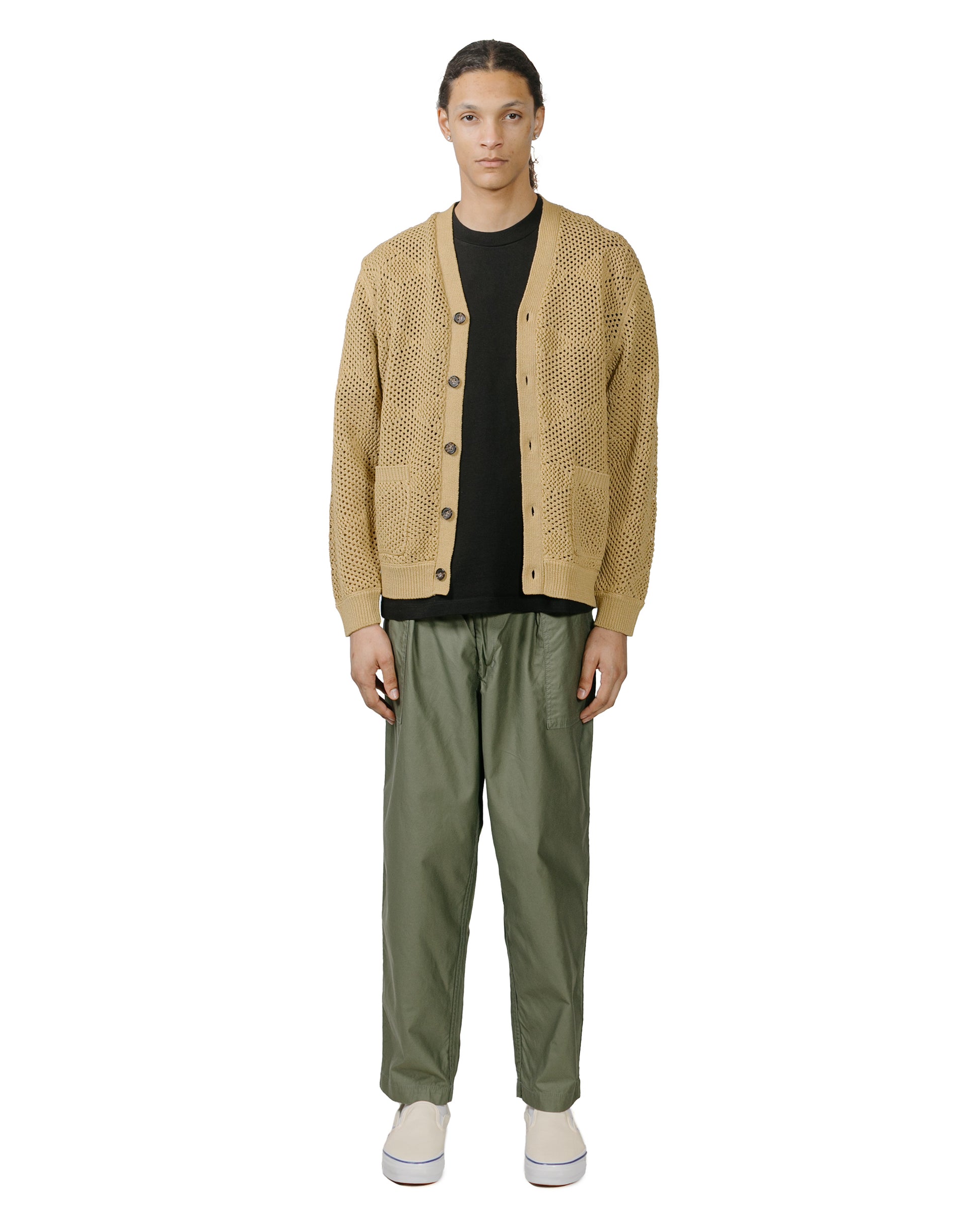 Beams Plus Cardigan Argyle Mesh Khaki model full