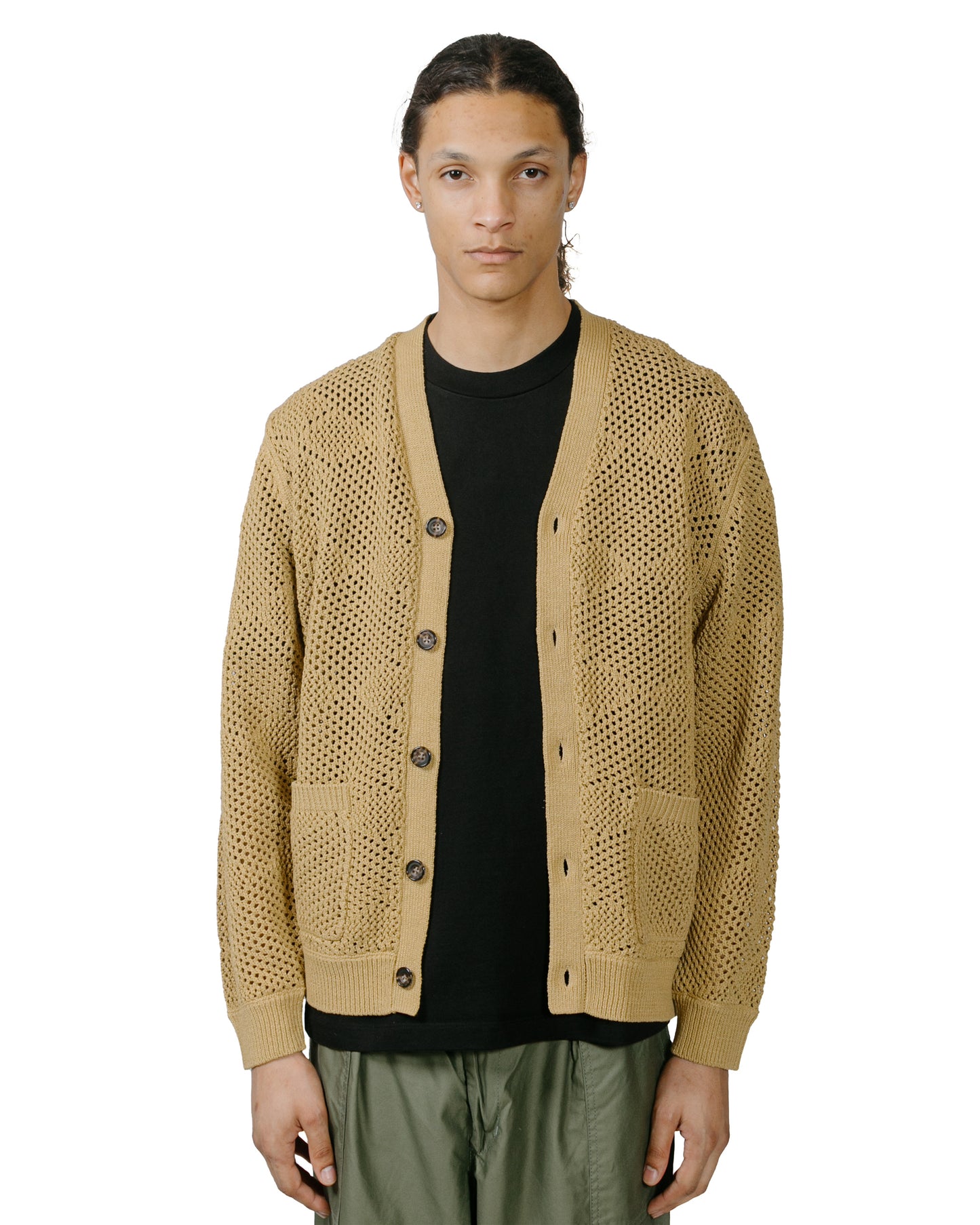 Beams Plus Cardigan Argyle Mesh Khaki model front