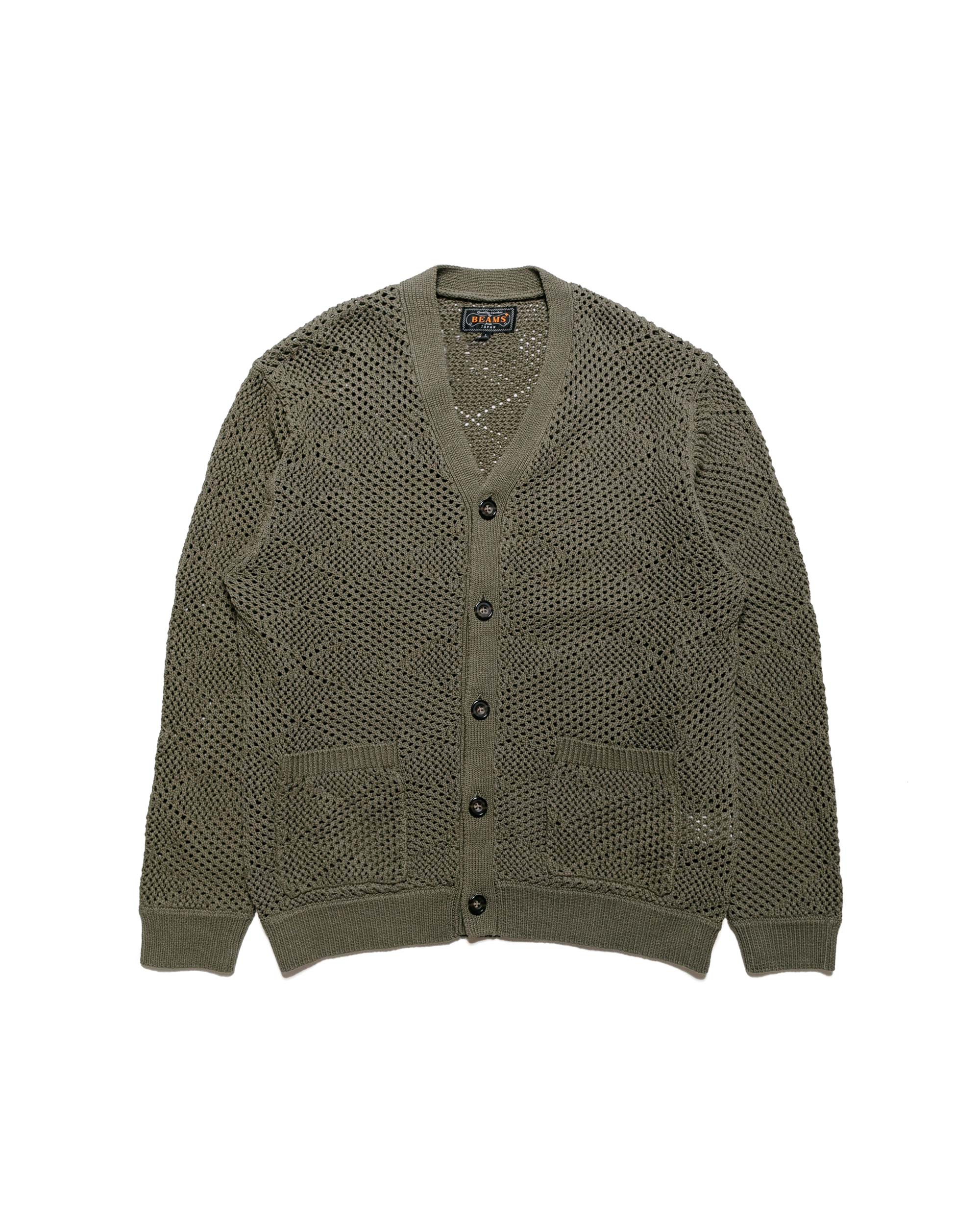 Beams Plus Cardigan Argyle Mesh Olive