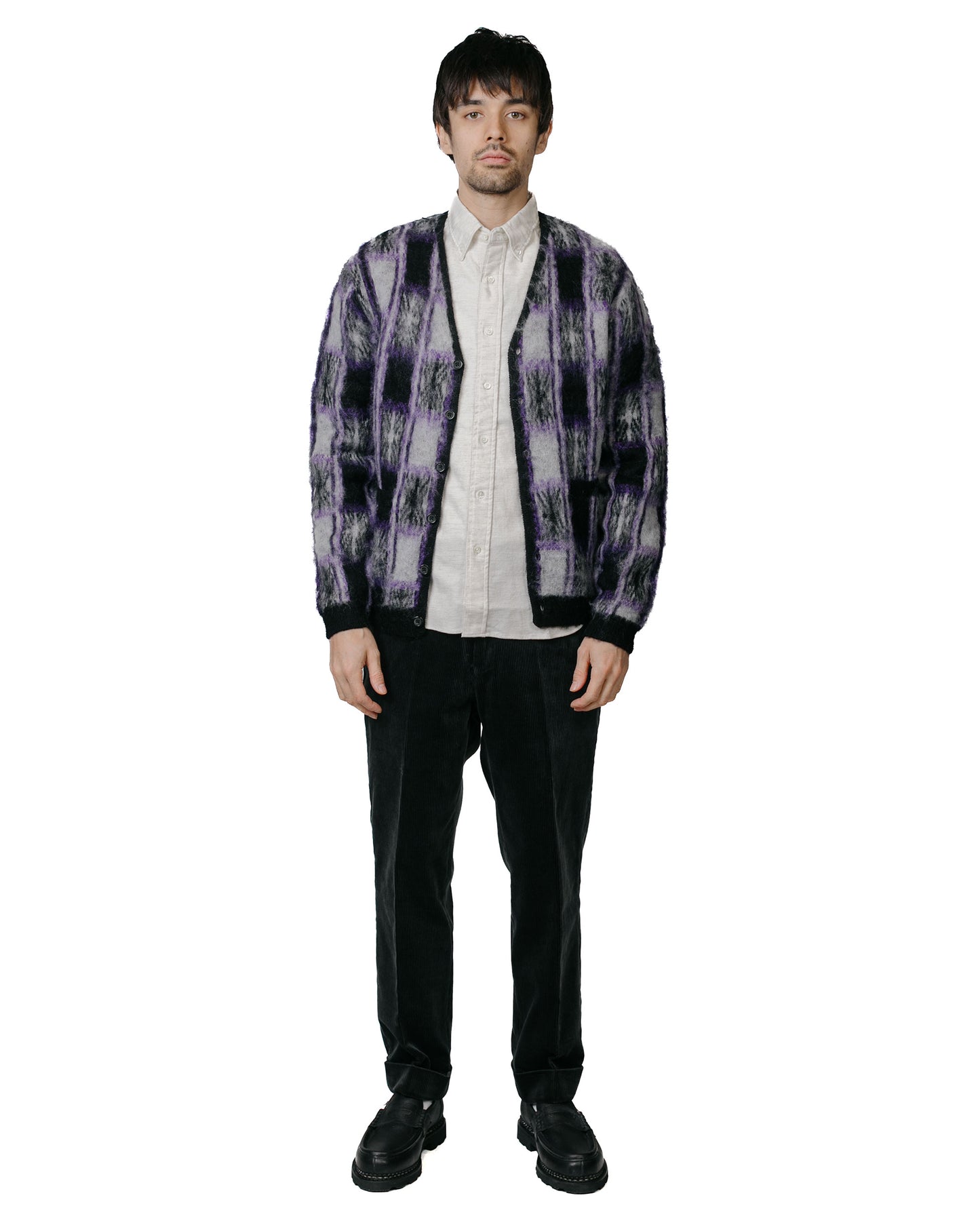 Beams Plus Cardigan Double Jacquard Check Pattern Black model full