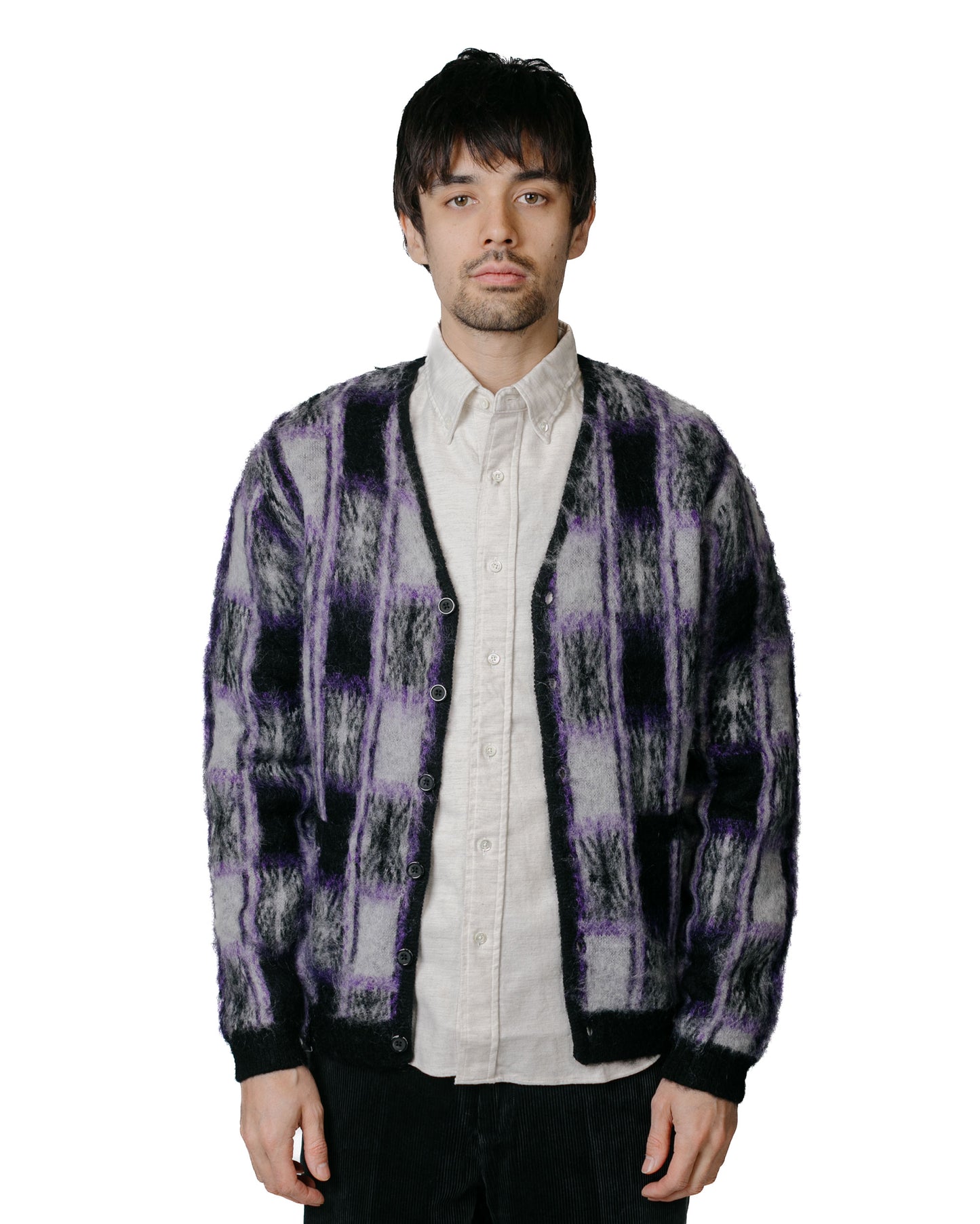 Beams Plus Cardigan Double Jacquard Check Pattern Black model front