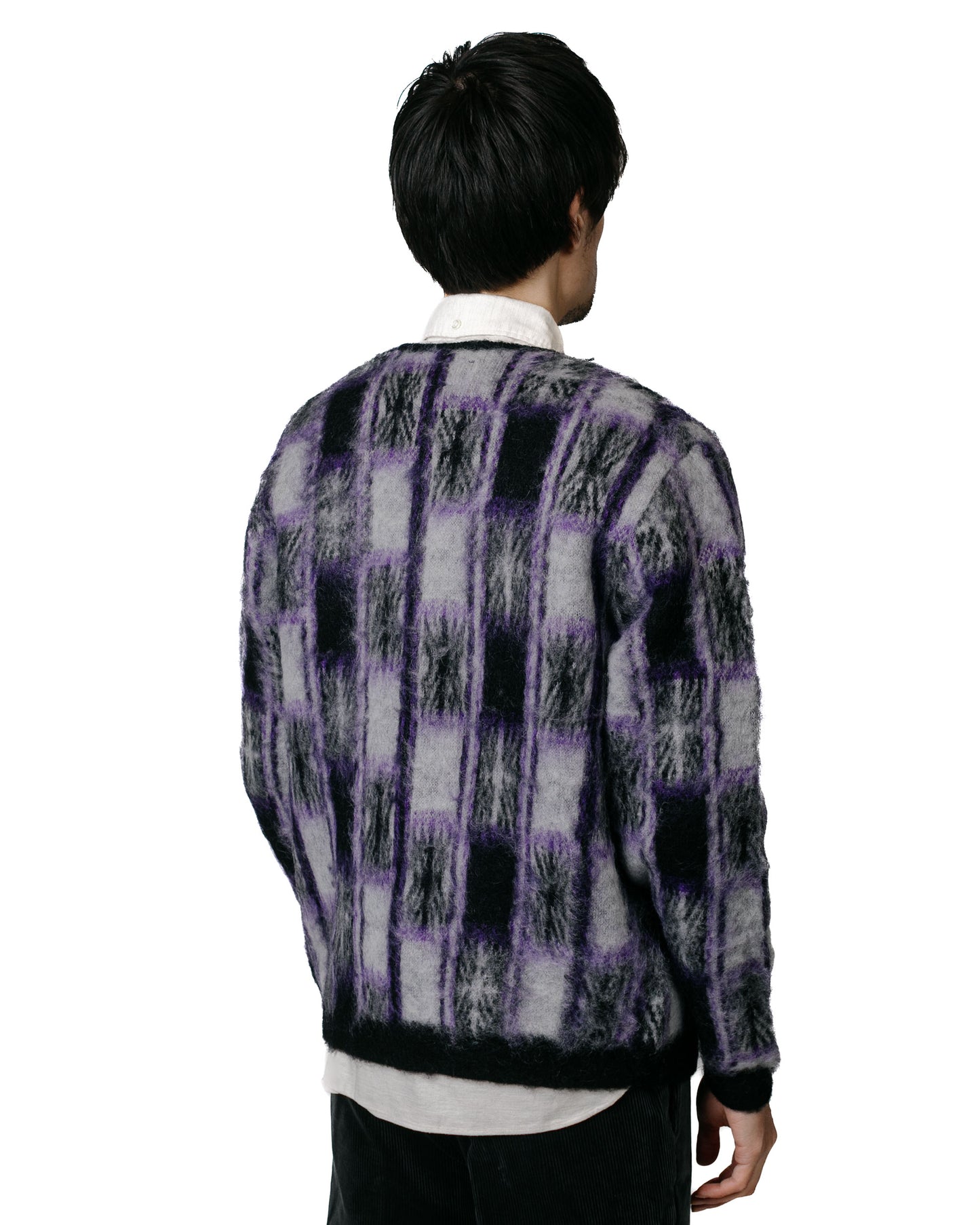 Beams Plus Cardigan Double Jacquard Check Pattern Black model back