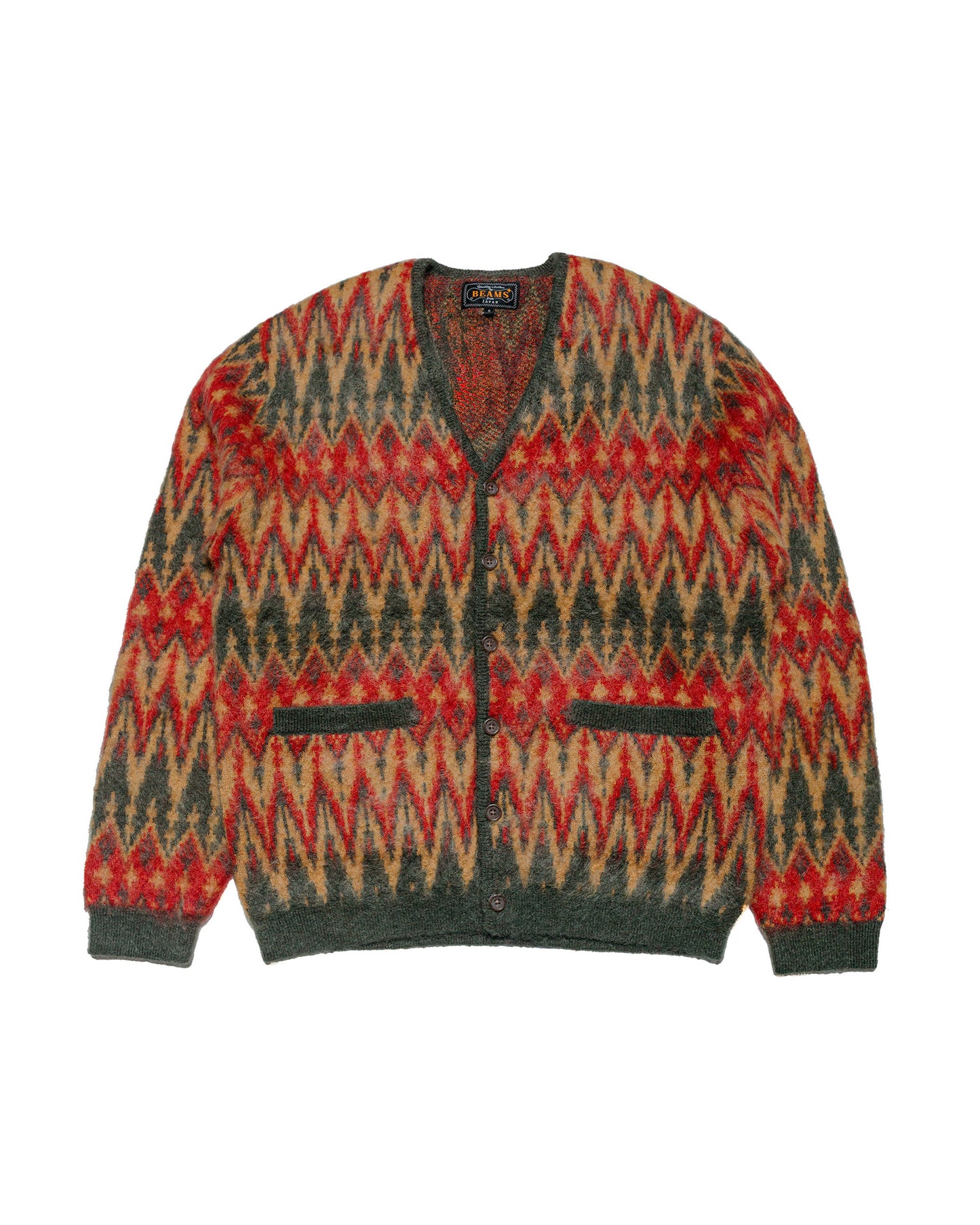 Beams Plus Cardigan Double Jacquard Chevron Pattern Green