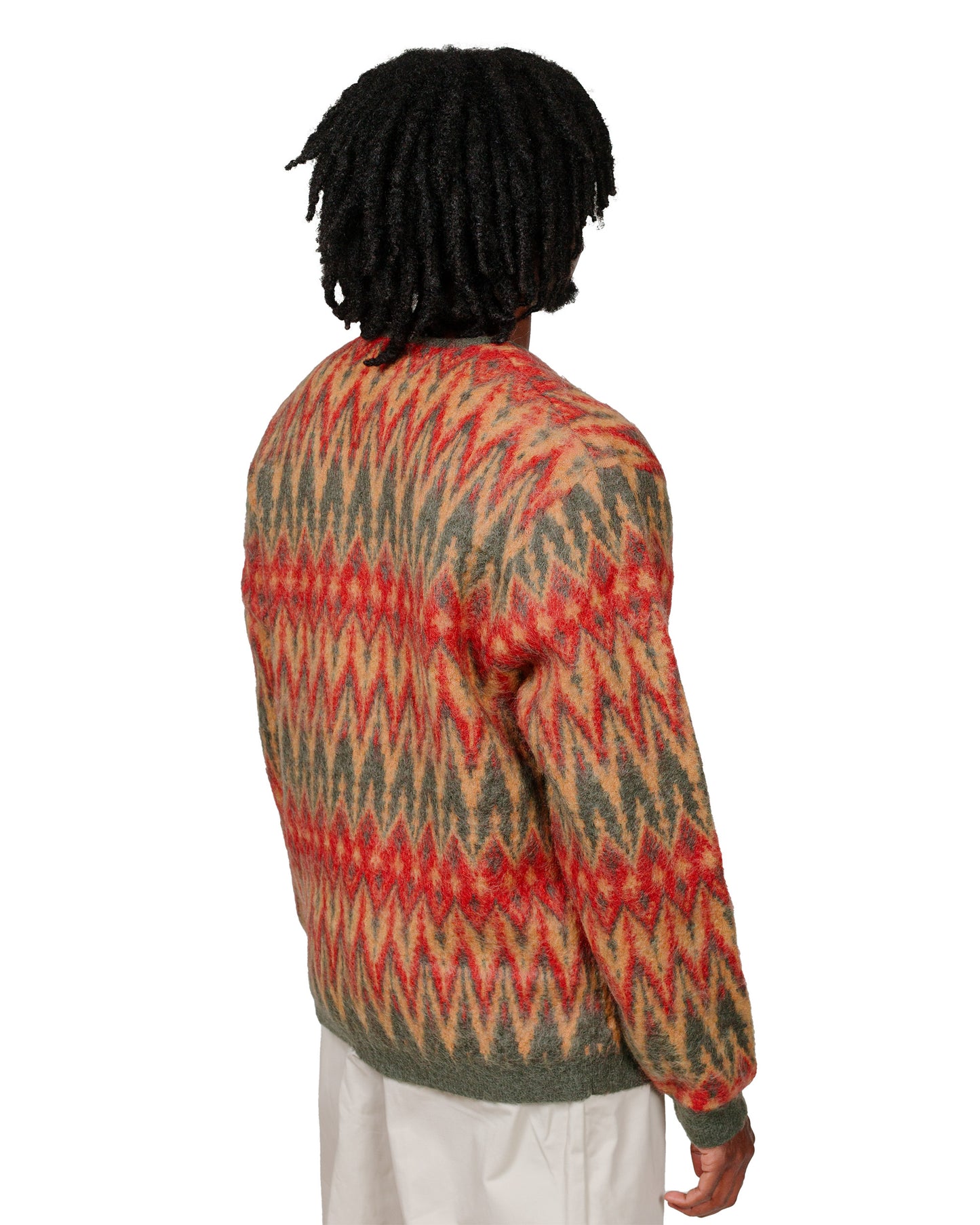 Beams Plus Cardigan Double Jacquard Chevron Pattern Green model back