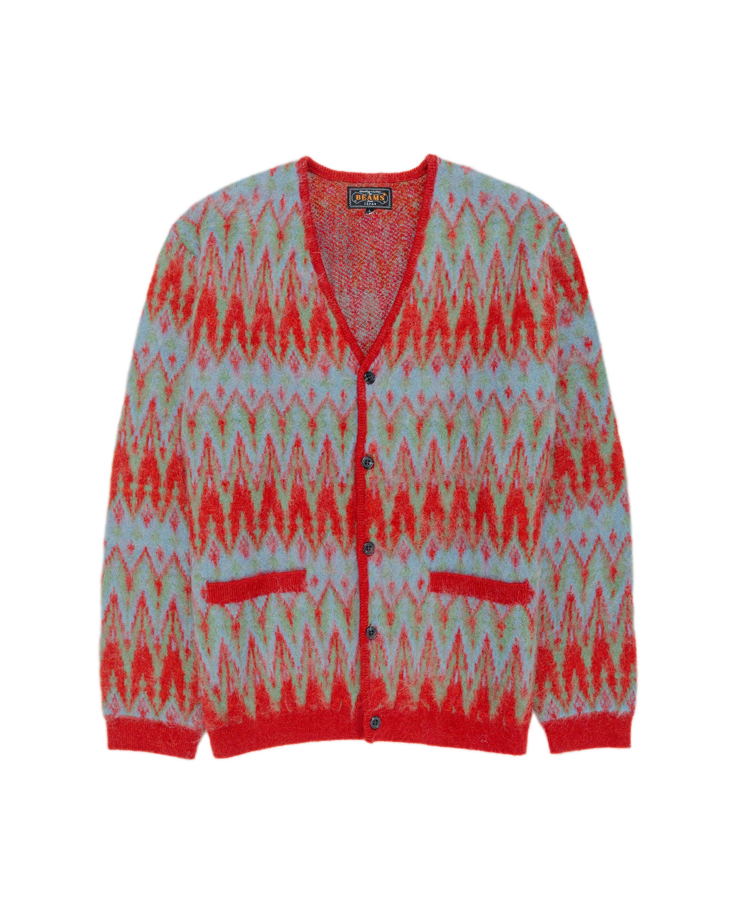 Beams Plus Cardigan Jacquard Chevron Pattern Red