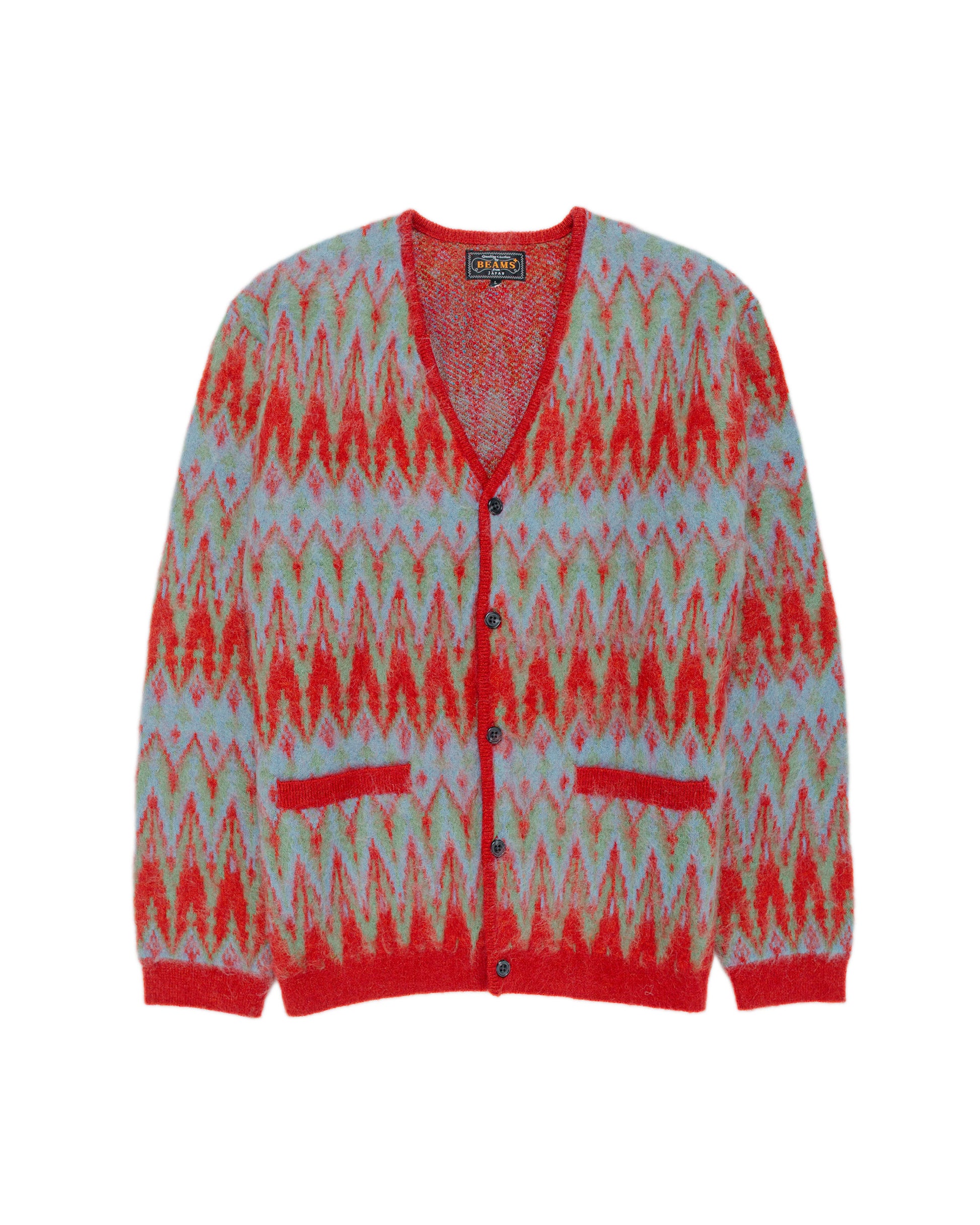 Beams Plus Cardigan Jacquard Chevron Pattern Red