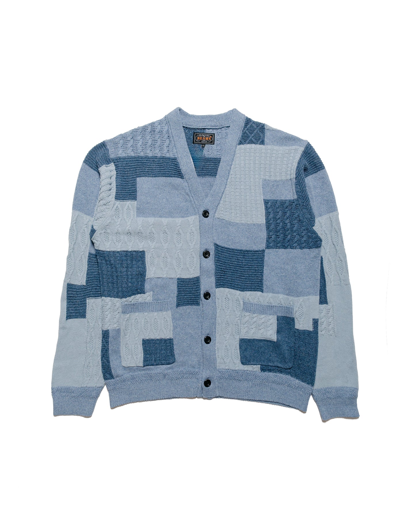 Beams Plus Cardigan Patchwork Like Jacquard Blue