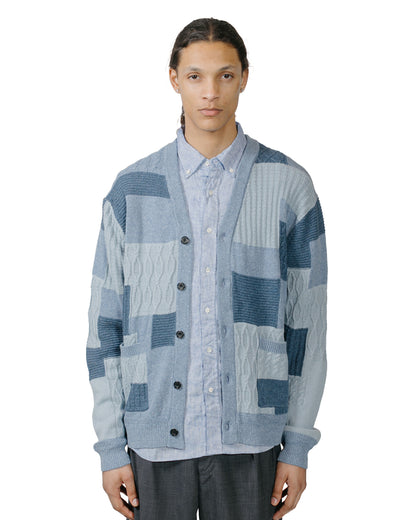 Beams Plus Cardigan Patchwork Like Jacquard Blue model front