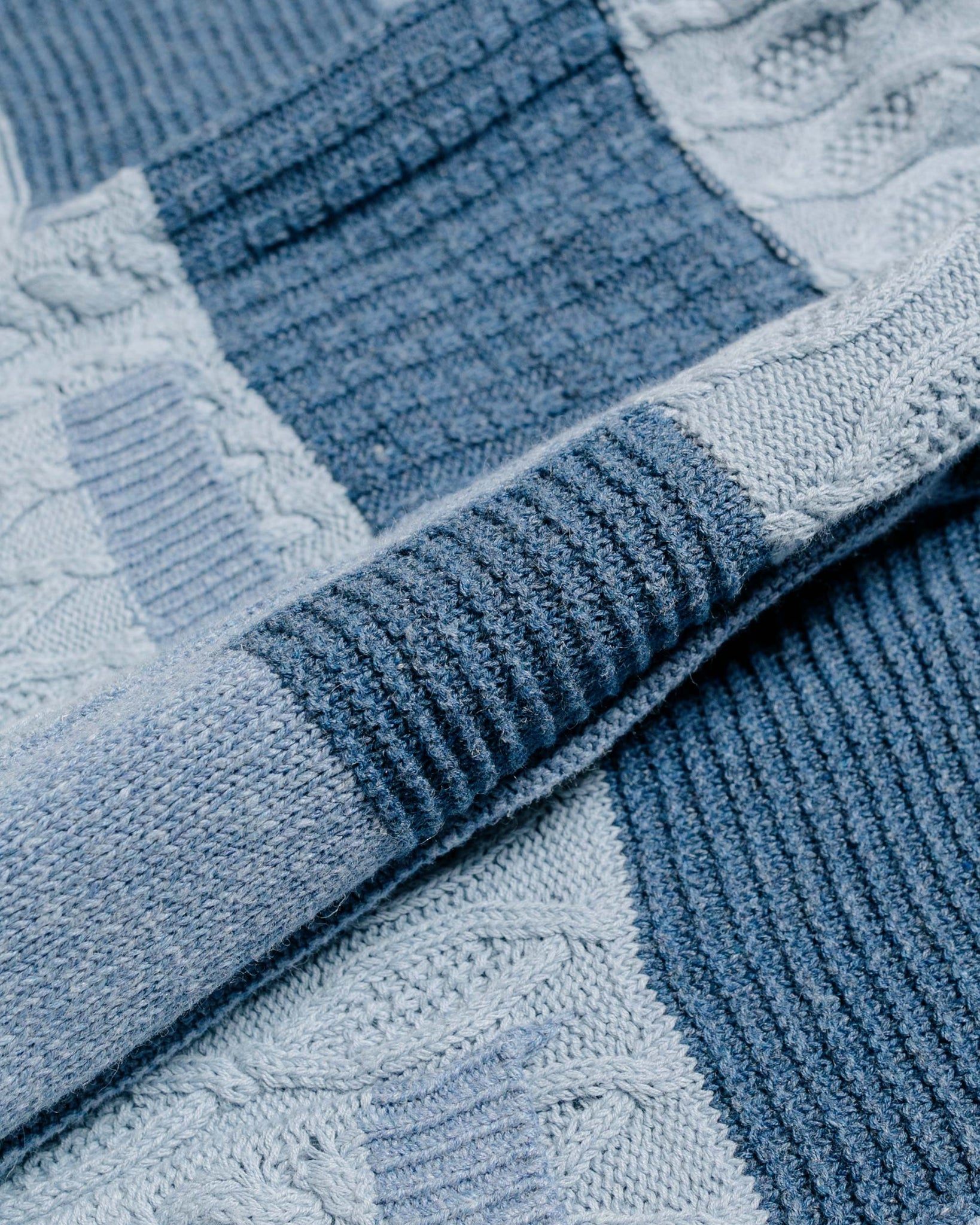 Beams Plus Cardigan Patchwork Like Jacquard Blue fabric