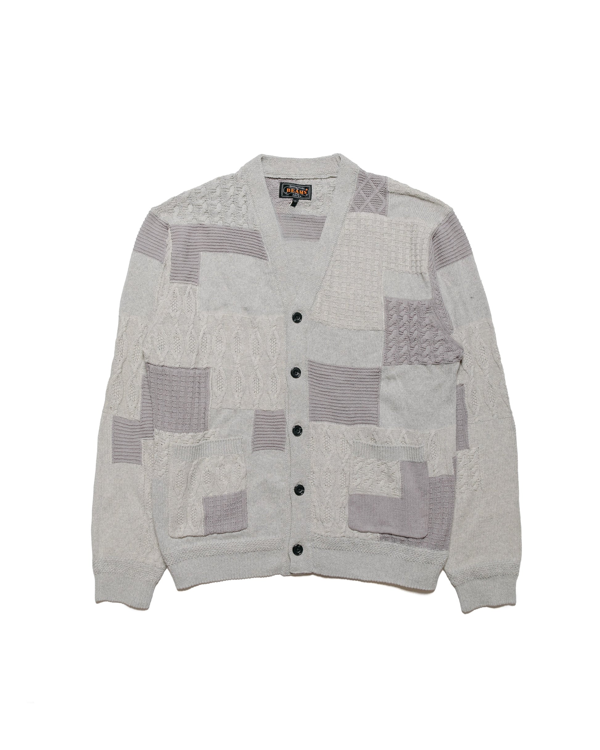 Beams Plus Cardigan Patchwork Like Jacquard Grey