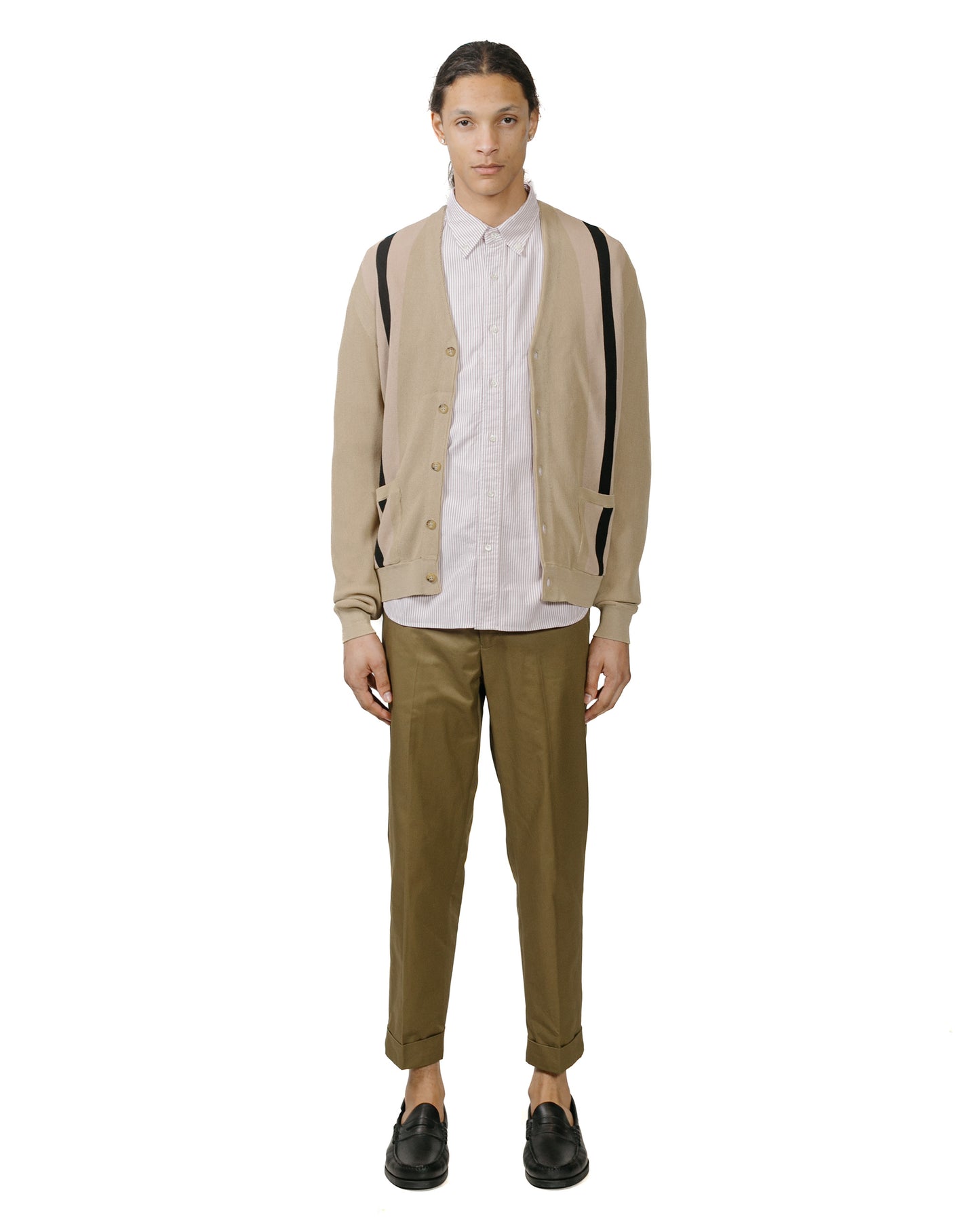 Beams Plus Cardigan Stripe Beige model full