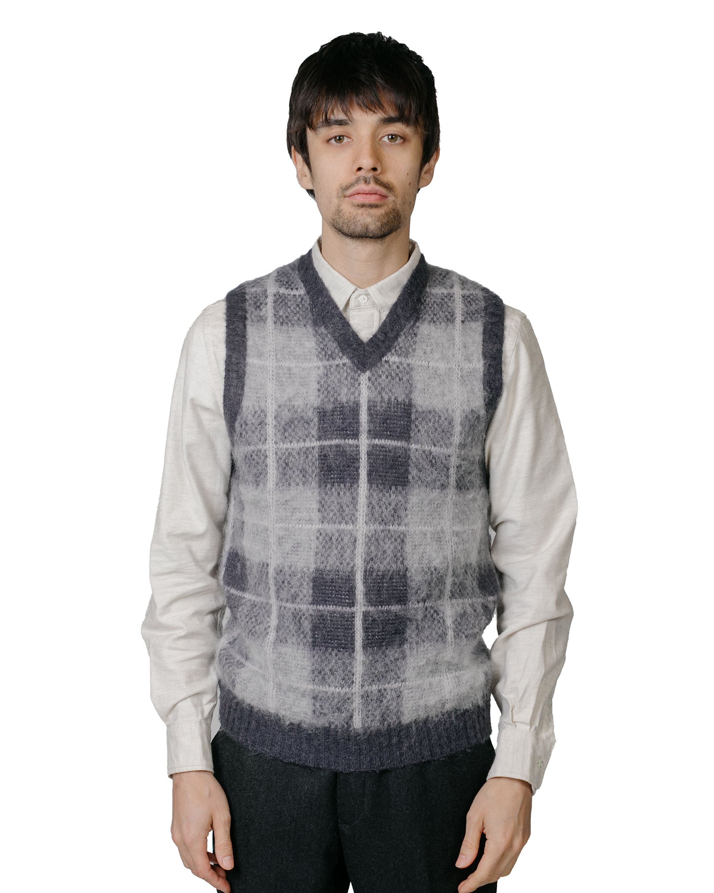 Beams Plus Check Vest Mohair Grey model front