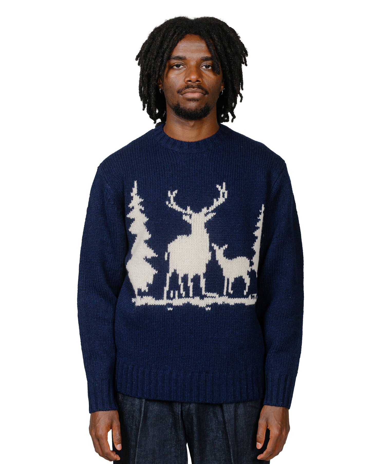 Beams Plus Crew Intarsia 3G Navy model front