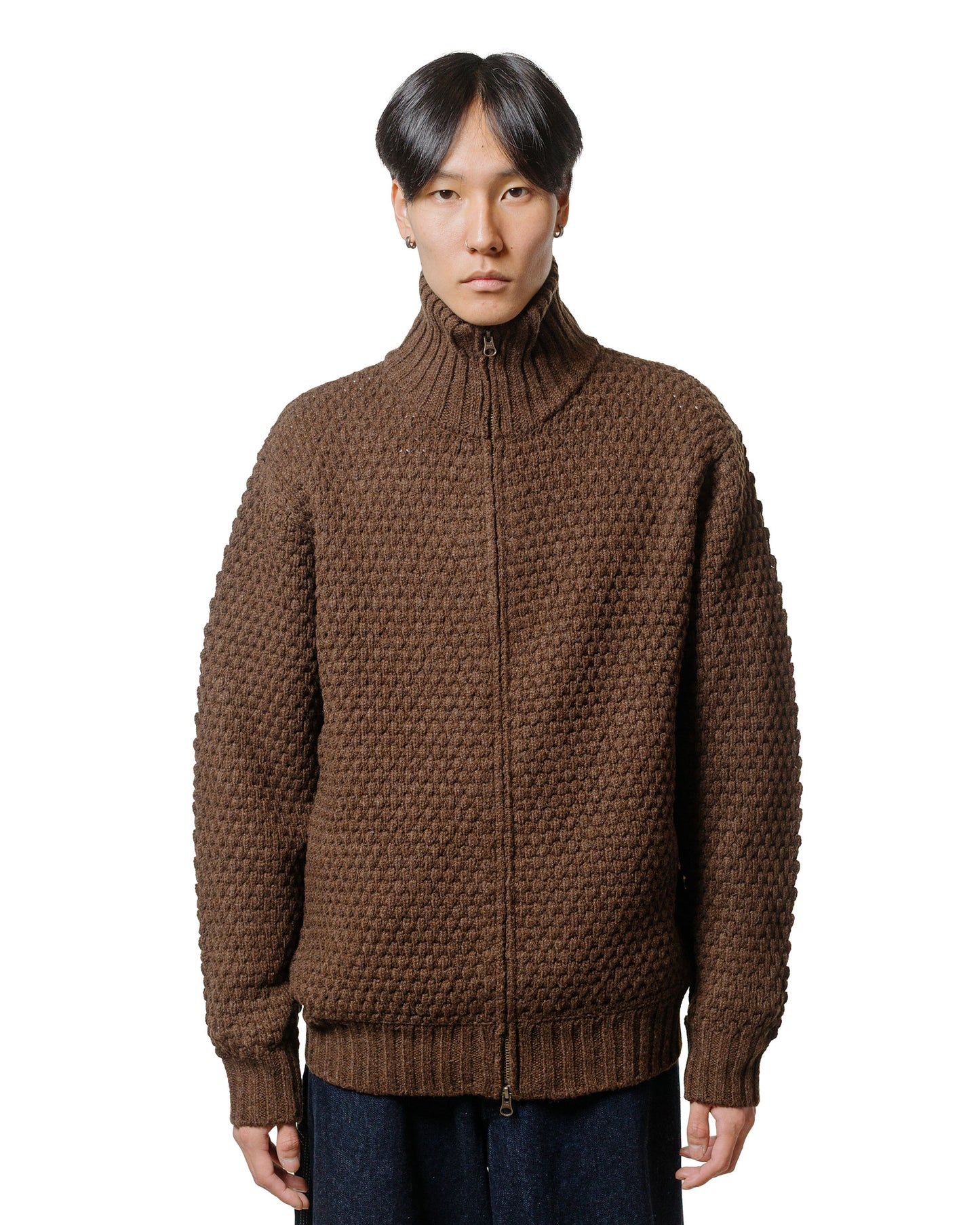 Beams Plus Full Zip Popcorn Pattern Brown
