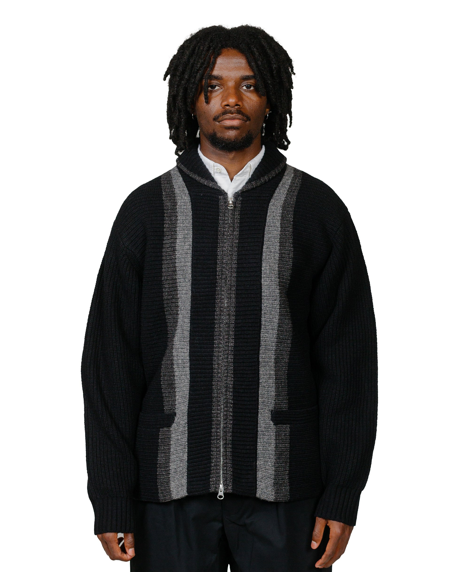 Beams Plus Full Zip Shawl Collar Knit Black - Main Image