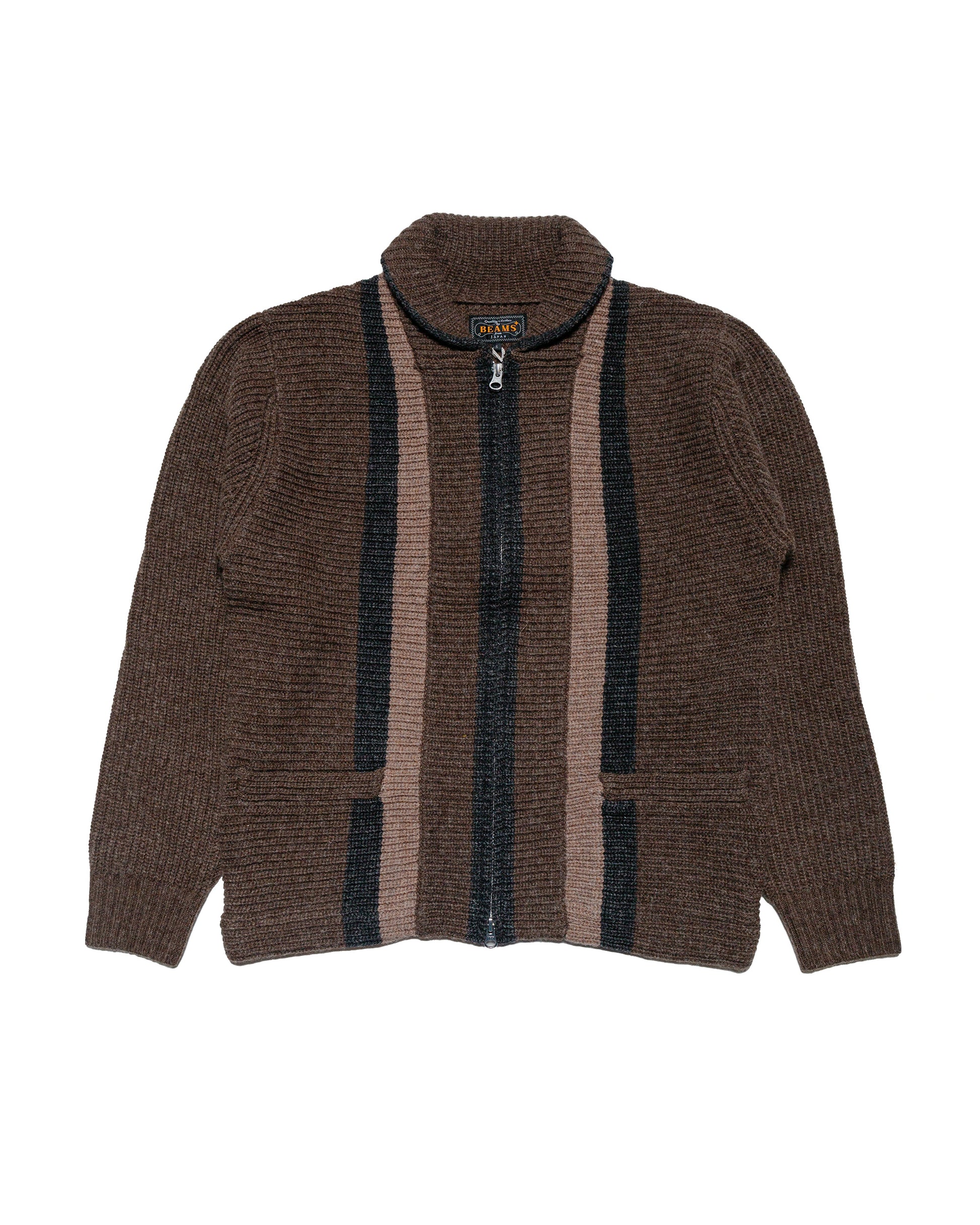 Beams Plus Full Zip Shawl Collar Knit Brown