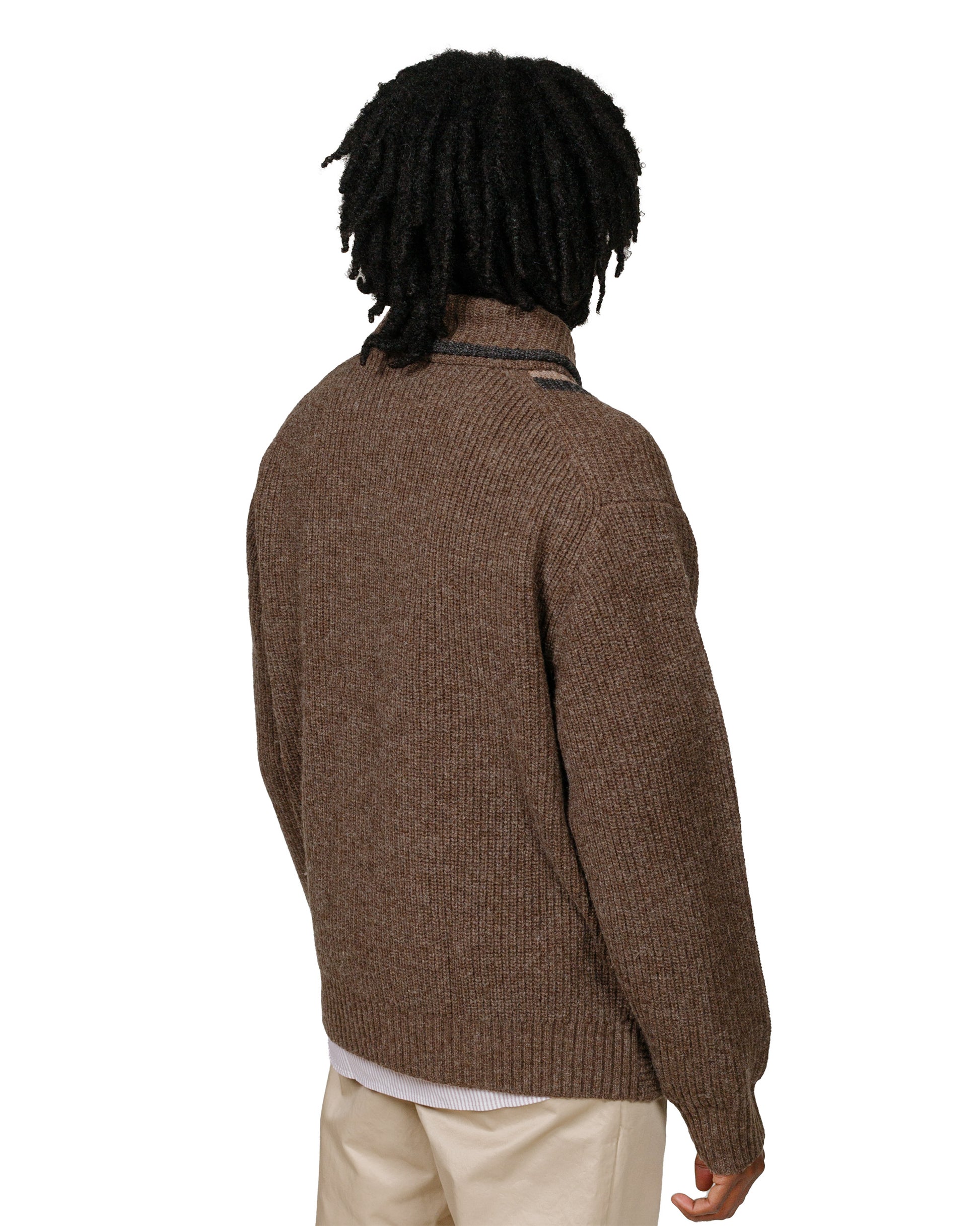 Beams Plus Full Zip Shawl Collar Knit Brown model back