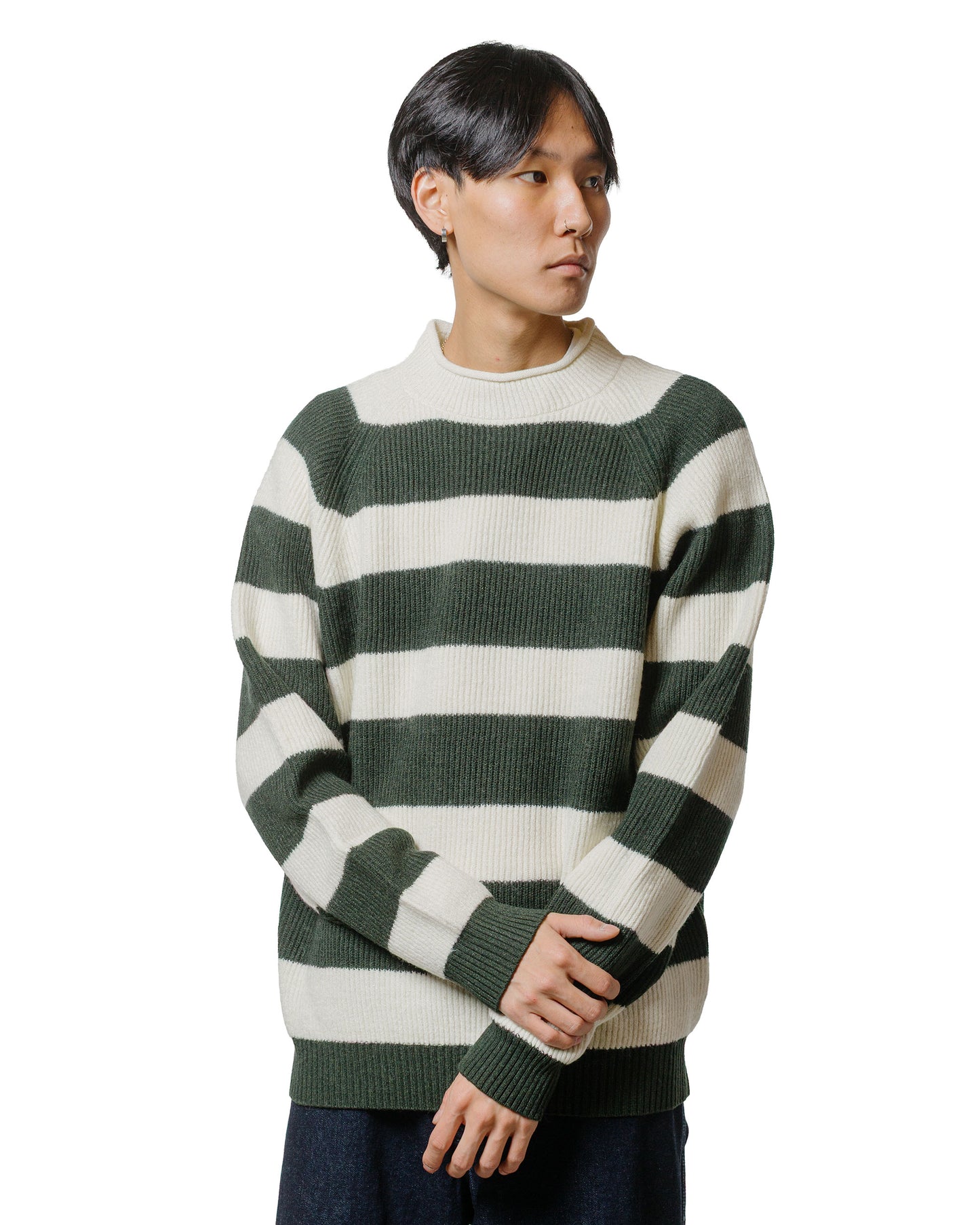 Beams Plus Hi-Neck Rib Stitch Stripe White