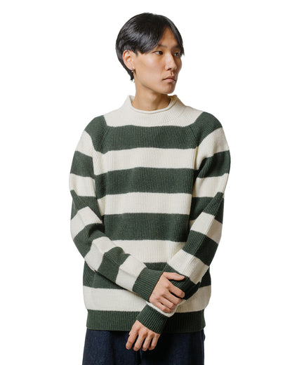 Beams Plus Hi-Neck Rib Stitch Stripe White