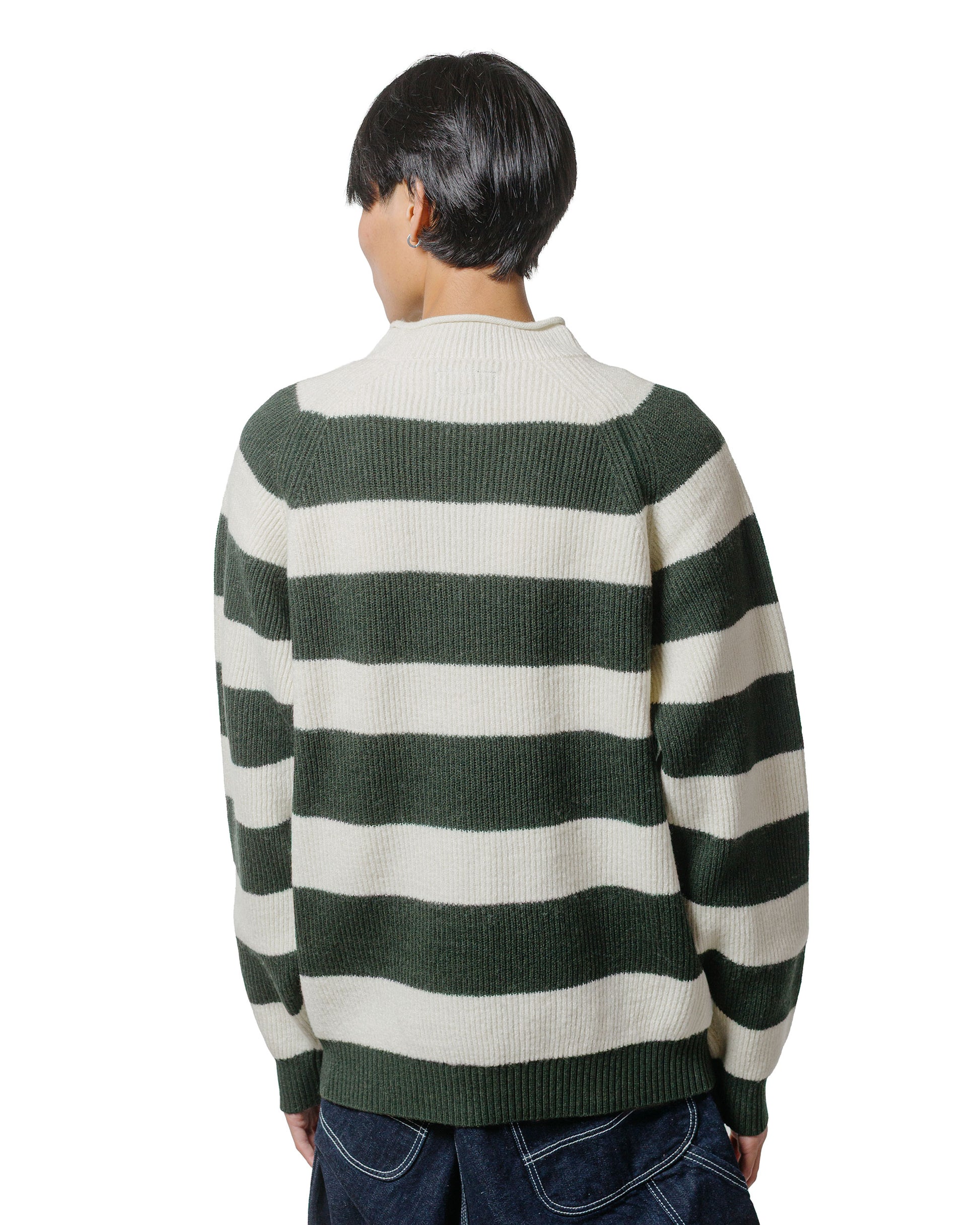 Beams Plus Hi-Neck Rib Stitch Stripe White