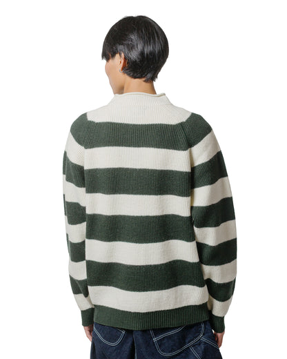 Beams Plus Hi-Neck Rib Stitch Stripe White