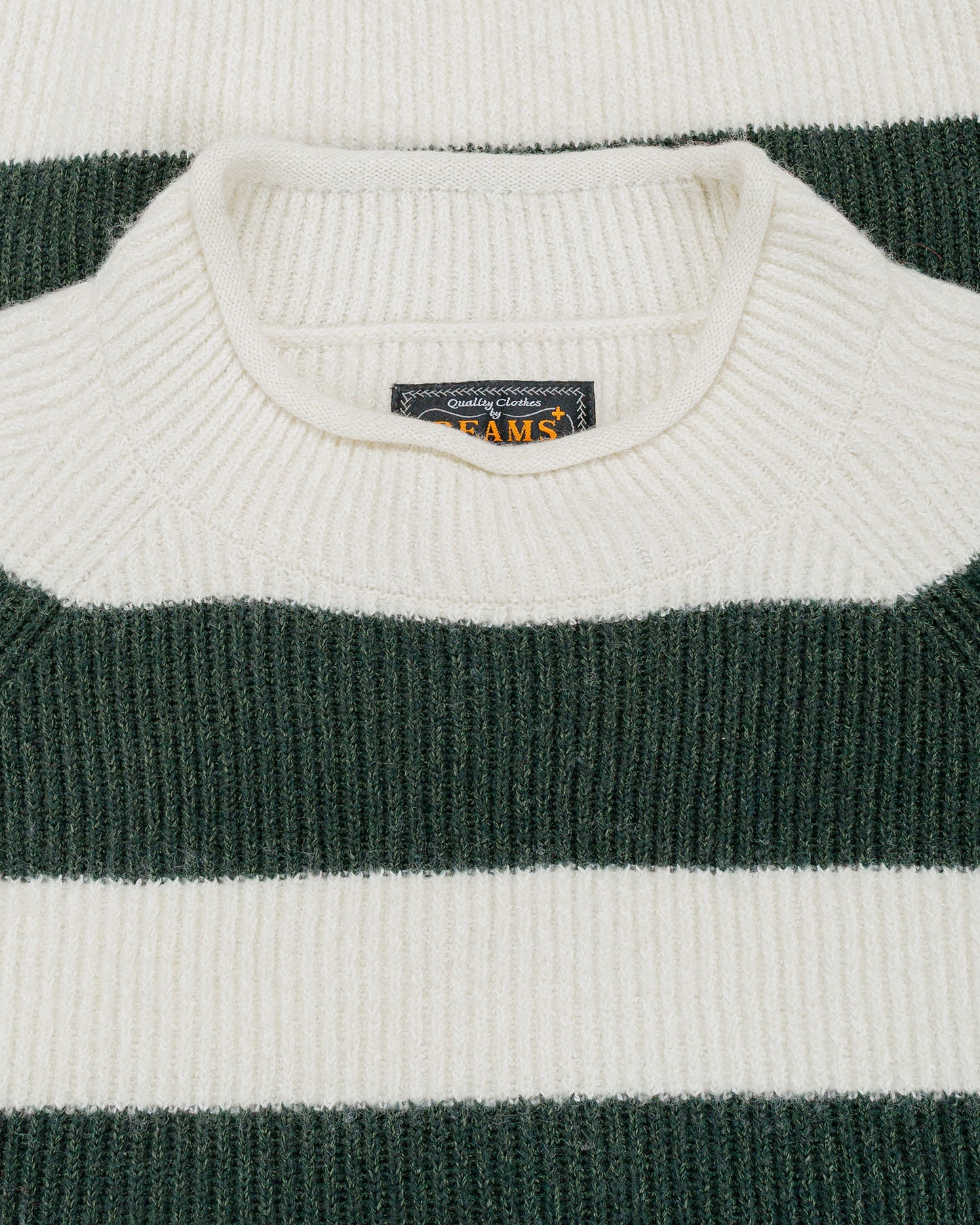 Beams Plus Hi-Neck Rib Stitch Stripe White