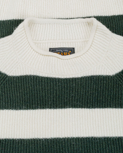 Beams Plus Hi-Neck Rib Stitch Stripe White