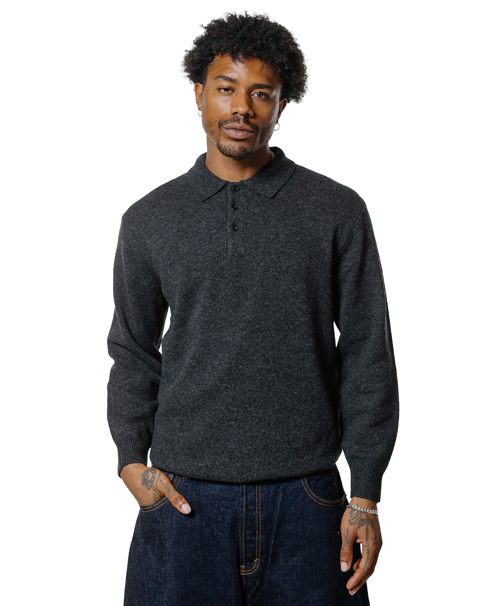 Beams Plus Knit Polo 9G Charcoal Grey