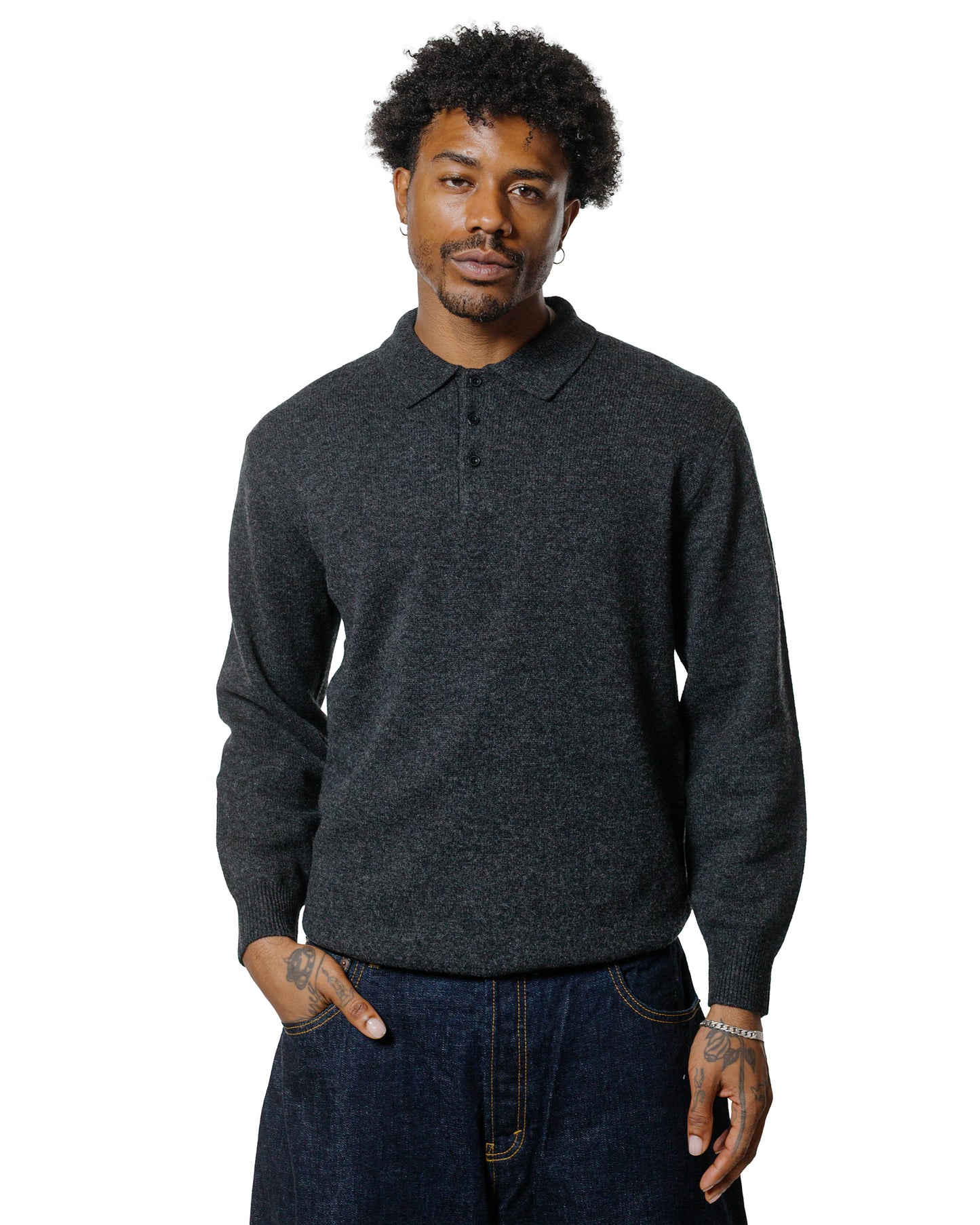 Beams Plus Knit Polo 9G Charcoal Grey