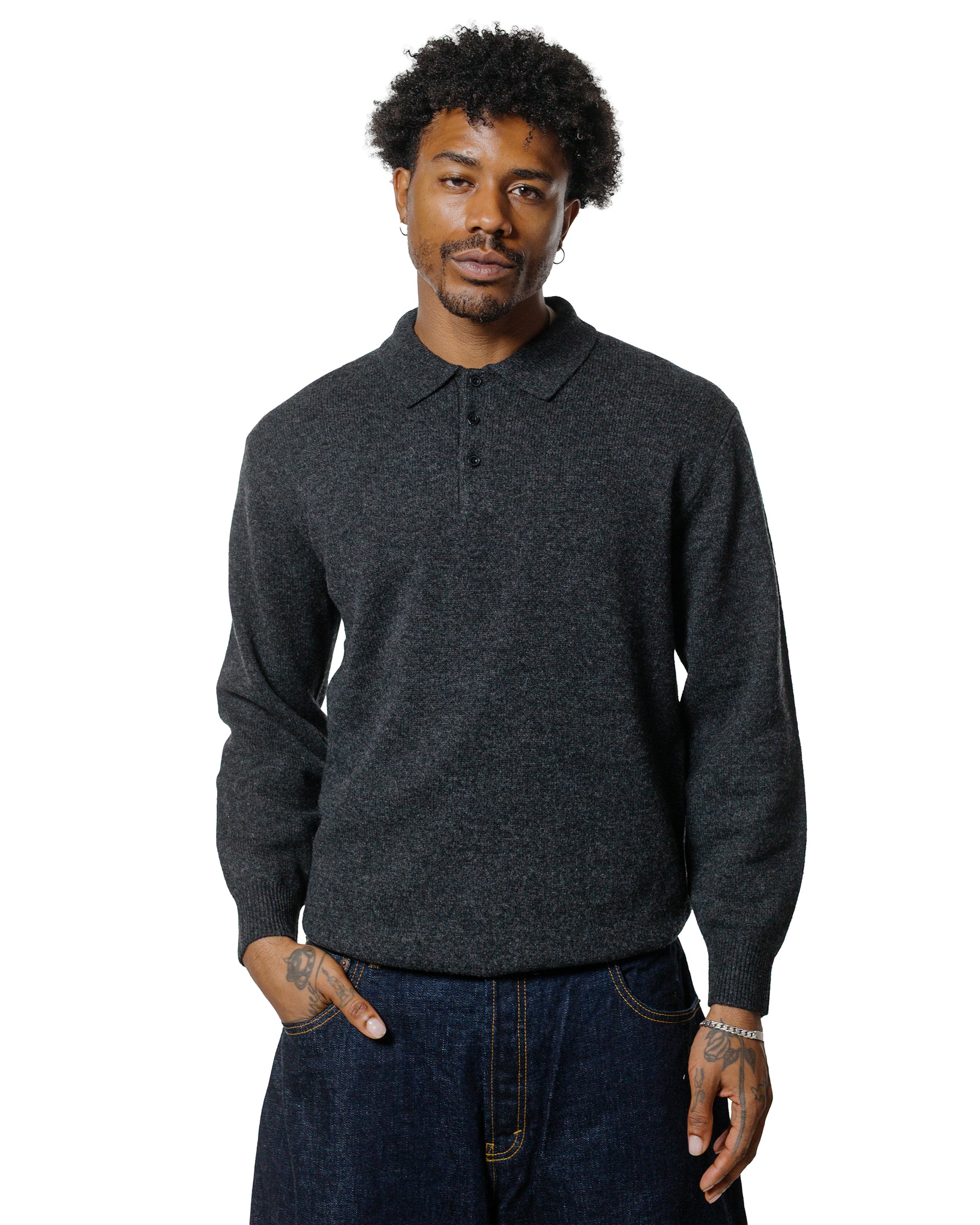 Beams Plus Knit Polo 9G Charcoal Grey