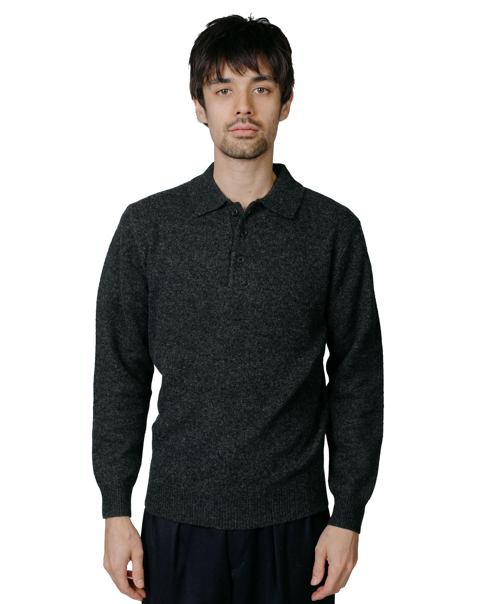Beams Plus Knit Polo 9G Charcoal Grey model front