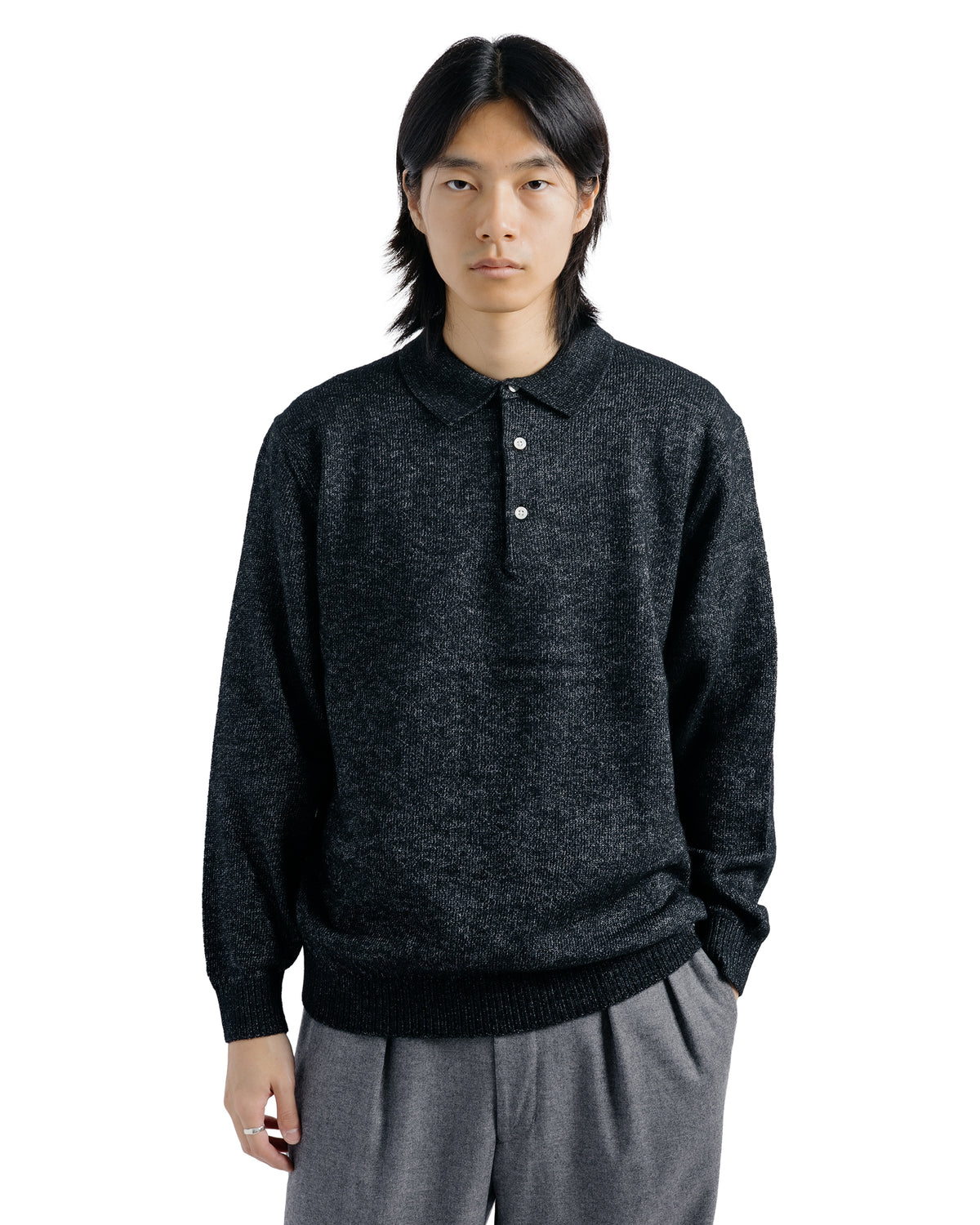 Beams Plus Knit Polo 9G Wool Silk Shaggy Black