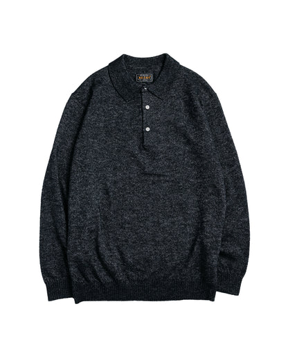 Beams Plus Knit Polo 9G Wool Silk Shaggy Black
