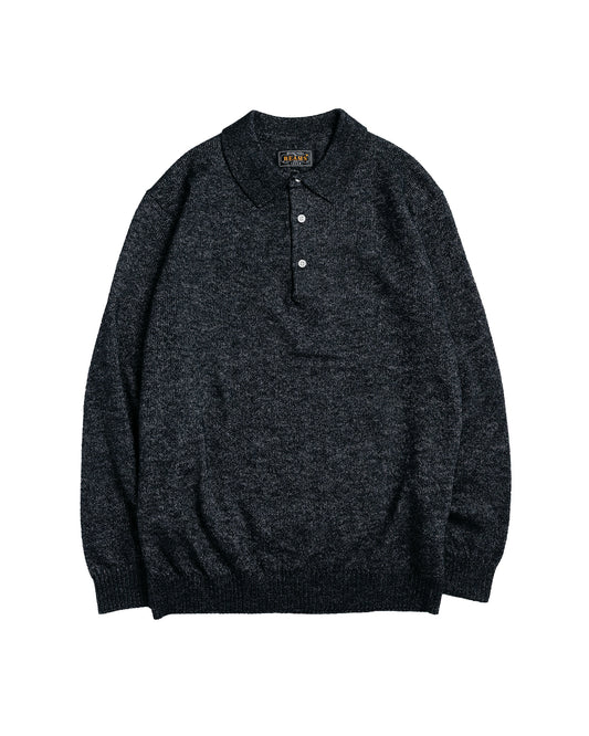 Beams Plus Knit Polo 9G Wool Silk Shaggy Black