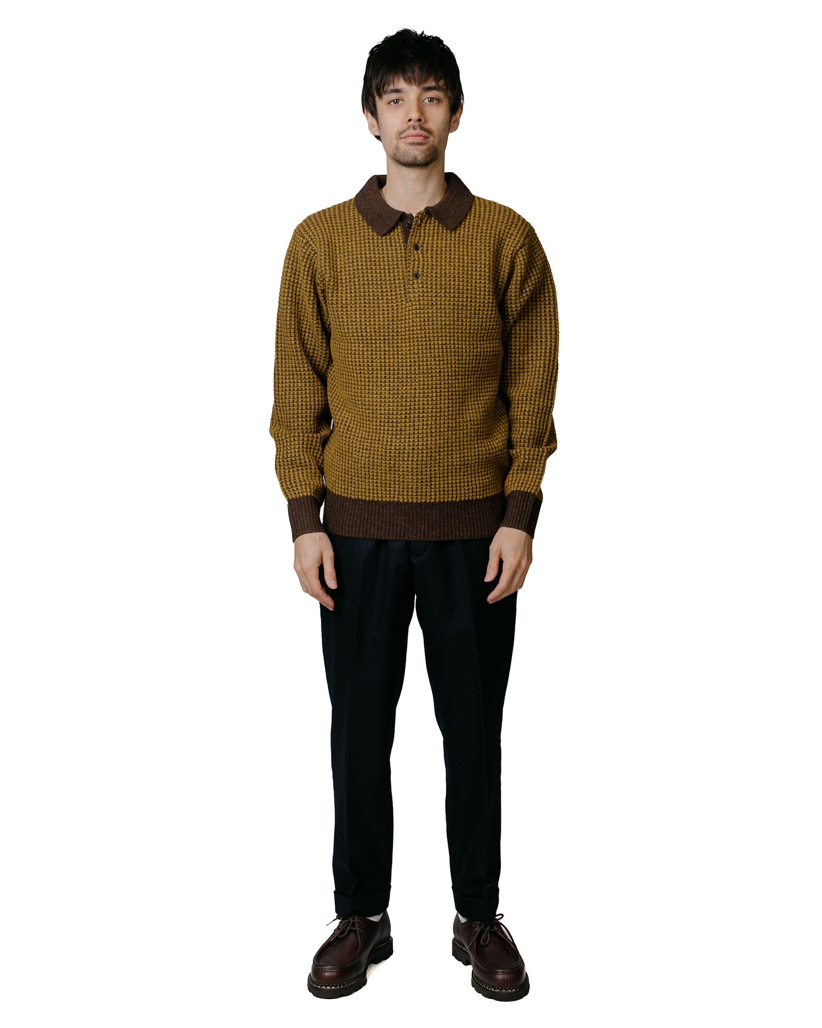 Beams Plus Knit Polo Crochet-Like BrownMustard model full