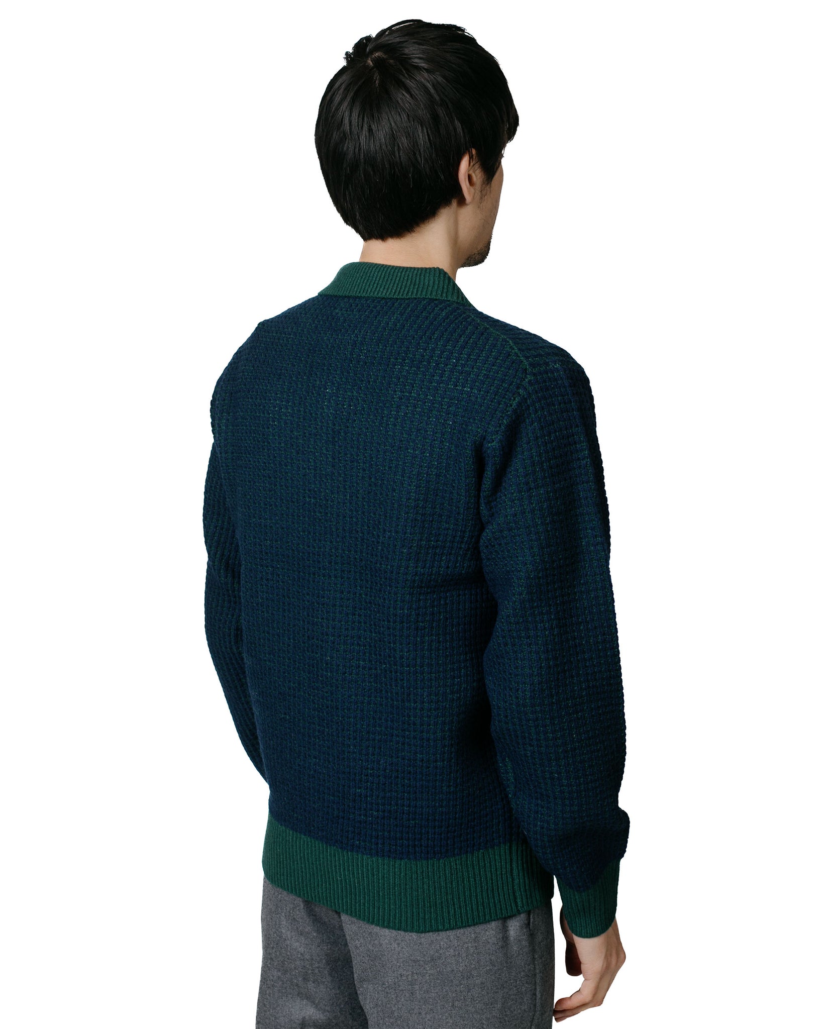 Beams Plus Knit Polo Crochet-Like GreenNavy model back