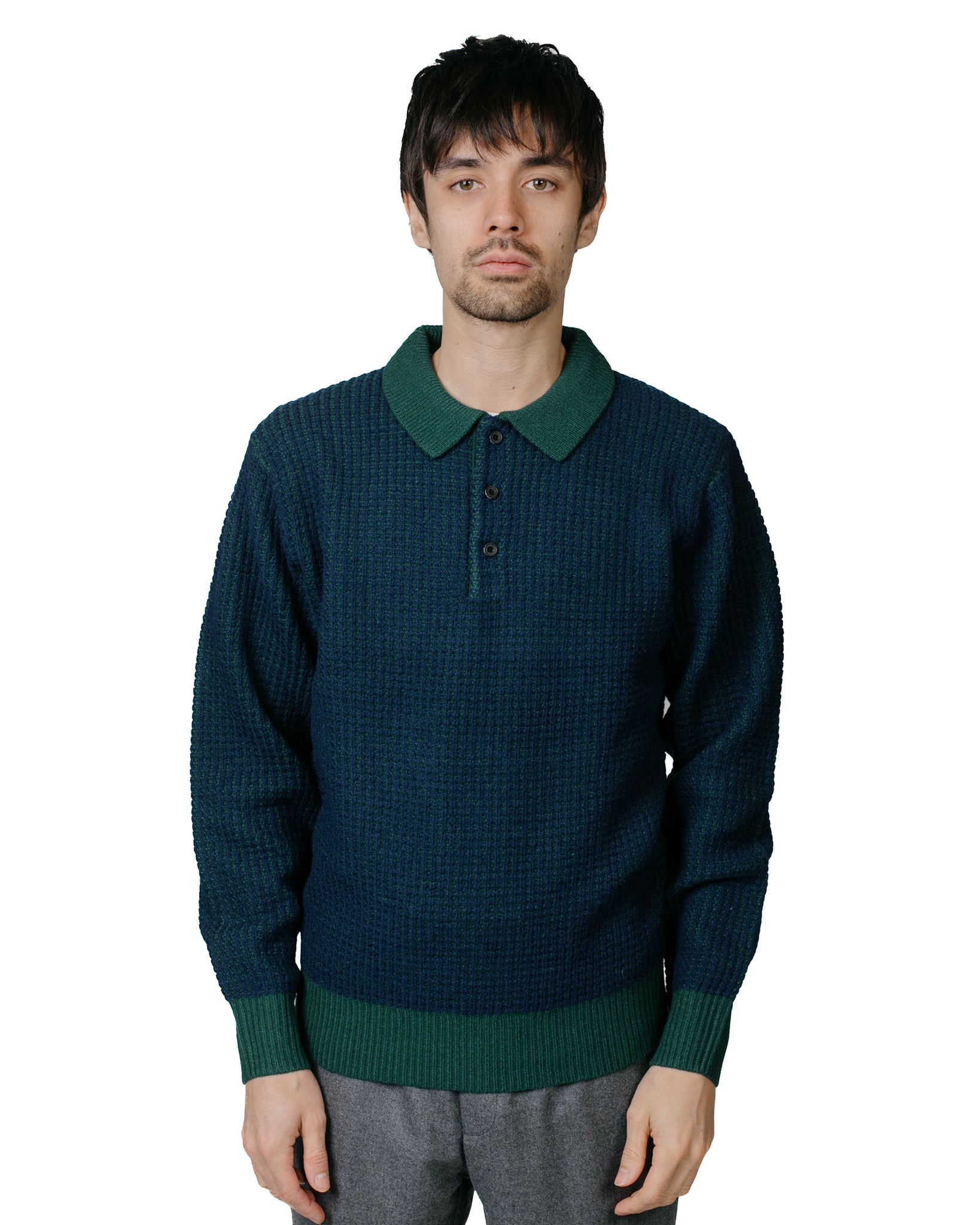 Beams Plus Knit Polo Crochet-Like GreenNavy model front