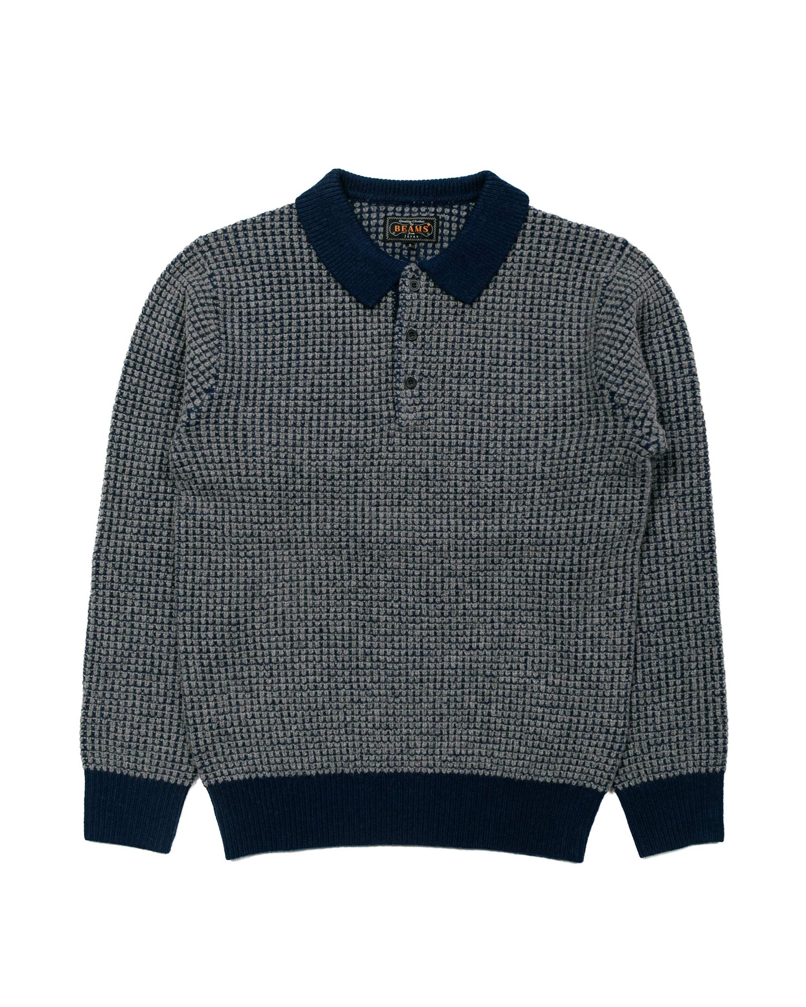 Beams Plus Knit Polo Crochet-Like NavyGrey