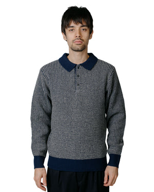 Beams Plus Knit Polo Crochet-Like NavyGrey model front
