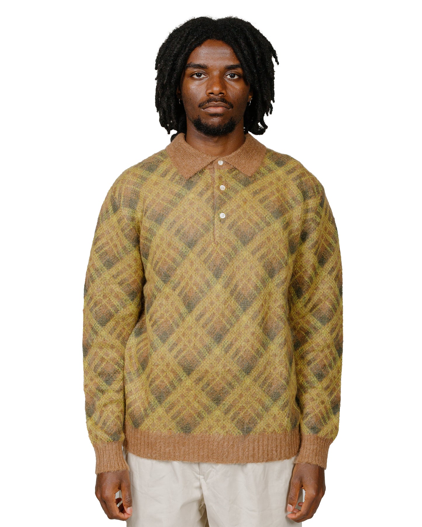 Beams Plus Knit Polo Plaid Brown model front