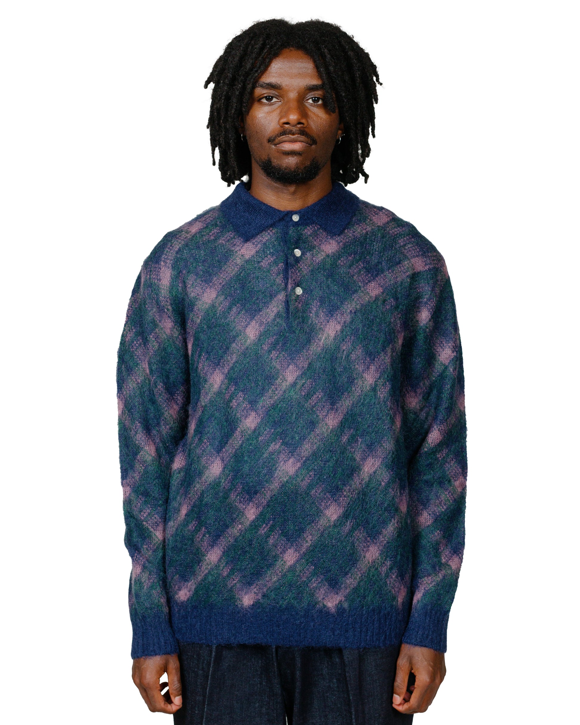 Beams Plus Knit Polo Plaid Navy model front