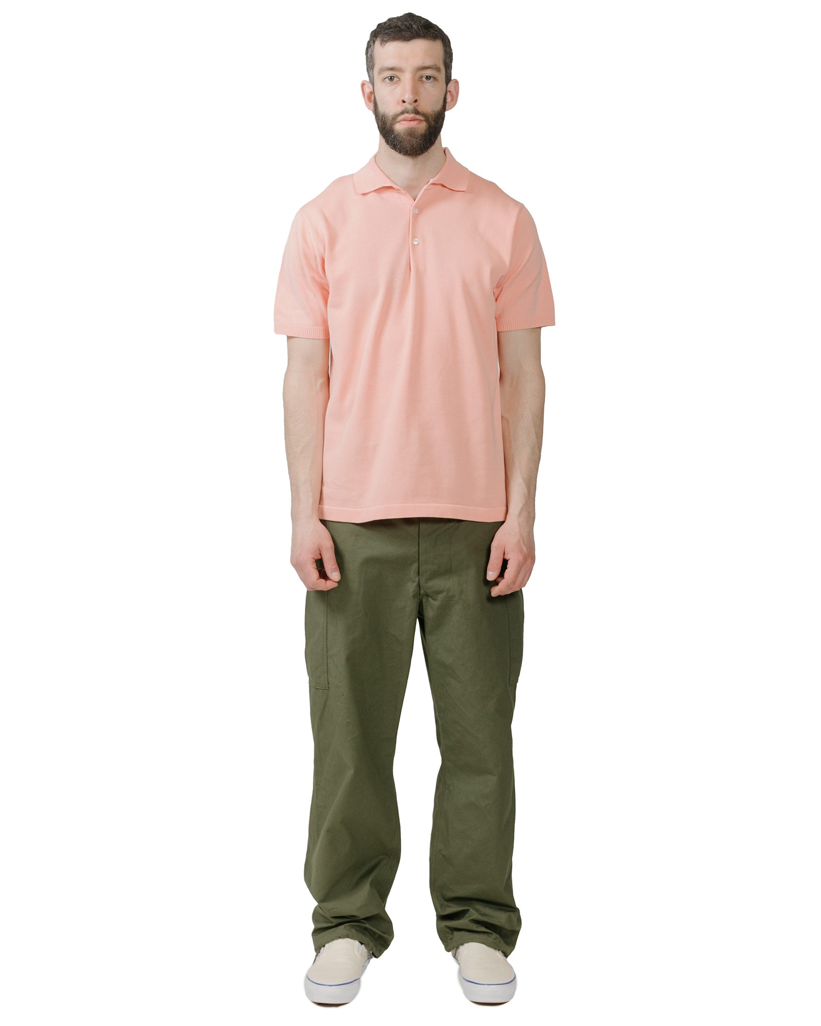 Beams Plus Knit Polo Solid 12G Pink model full
