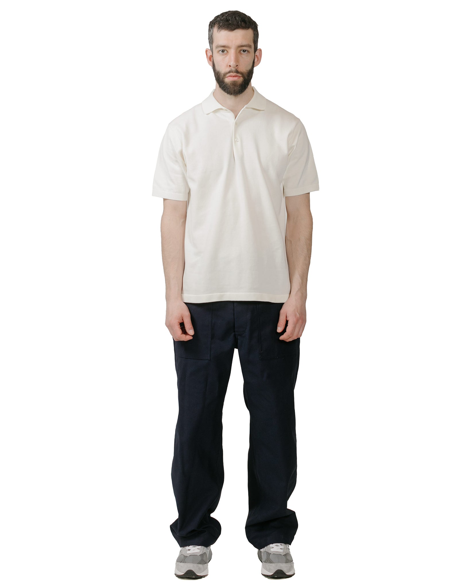 Beams Plus Knit Polo Solid 12G White model full