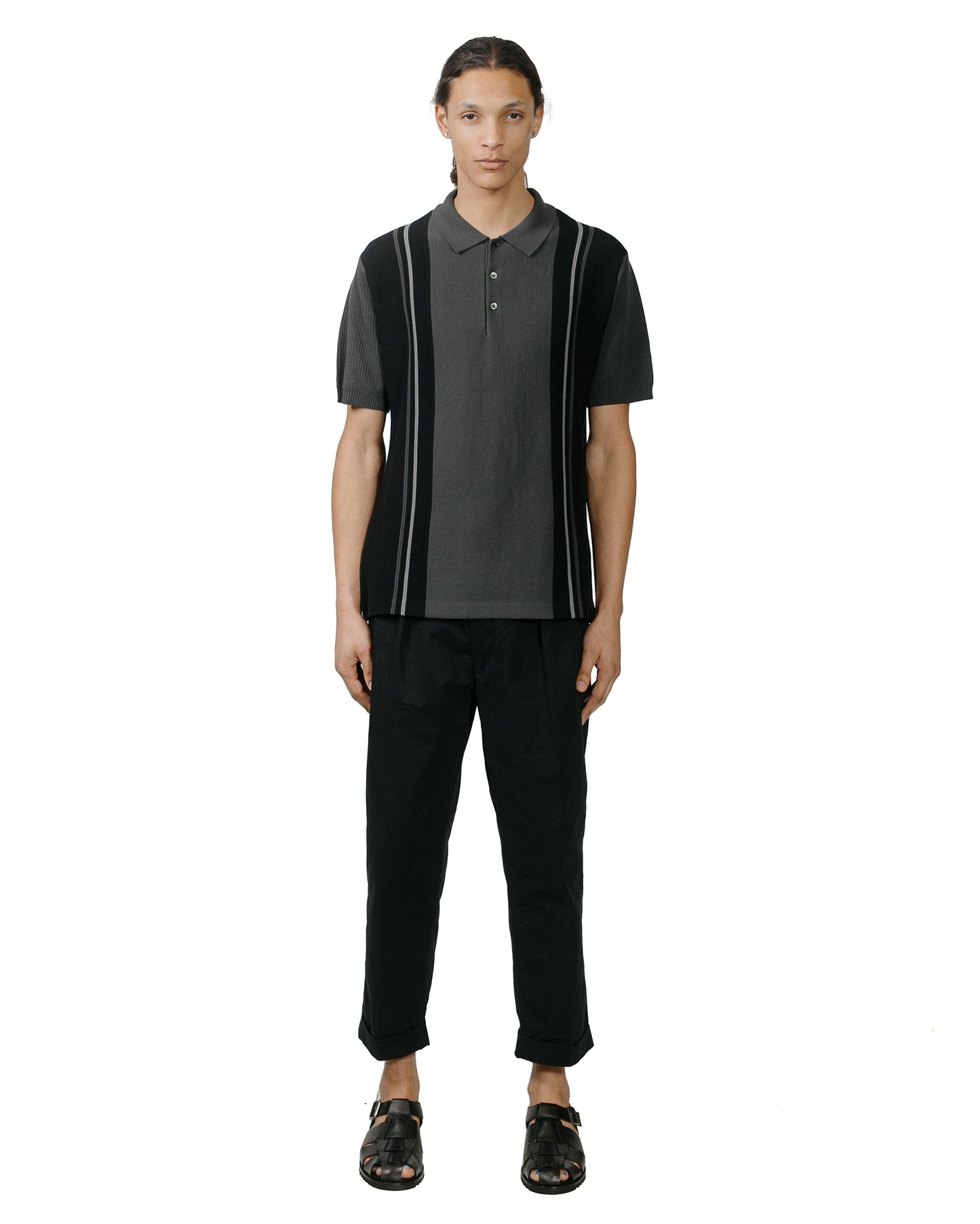 Beams Plus Knit Polo Stripe Black model full