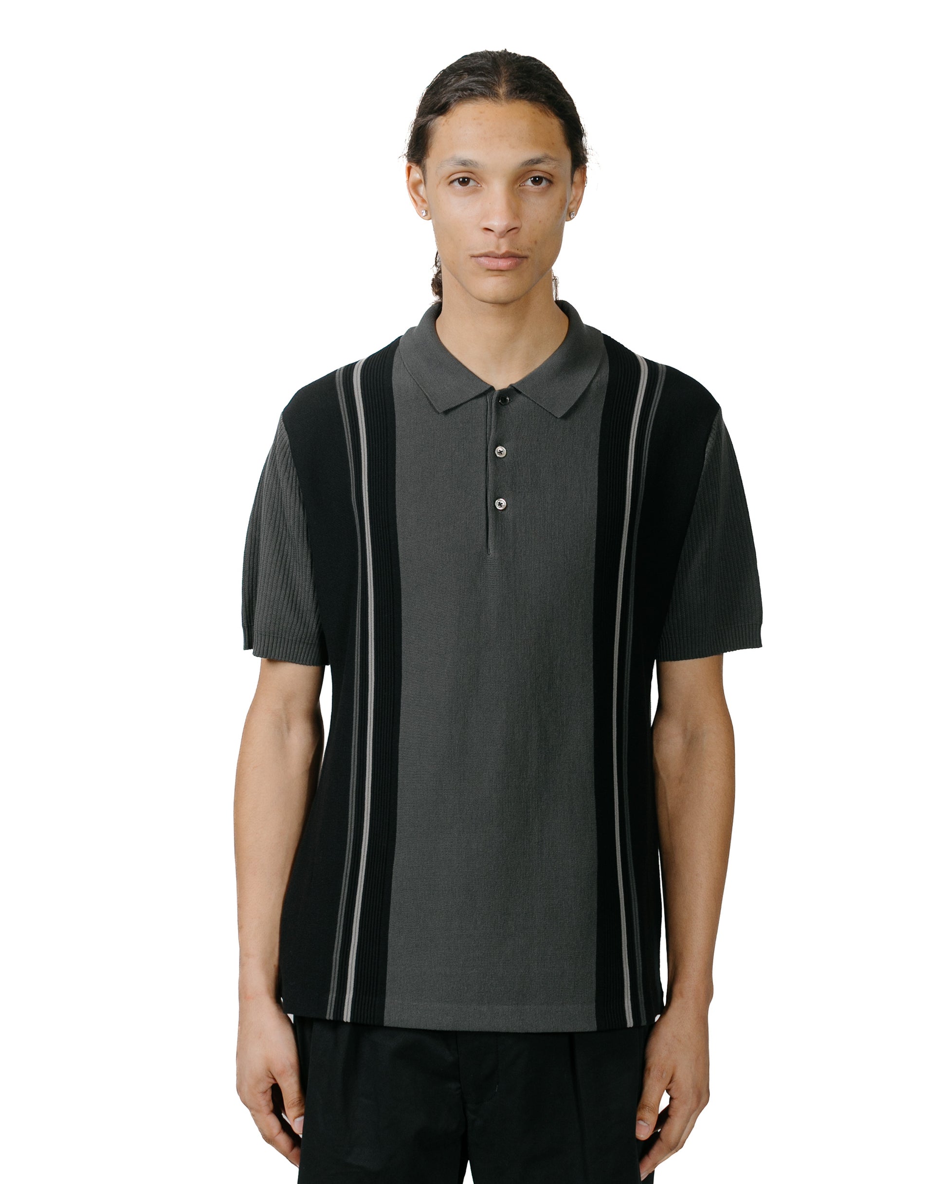 Beams Plus Knit Polo Stripe Black model front