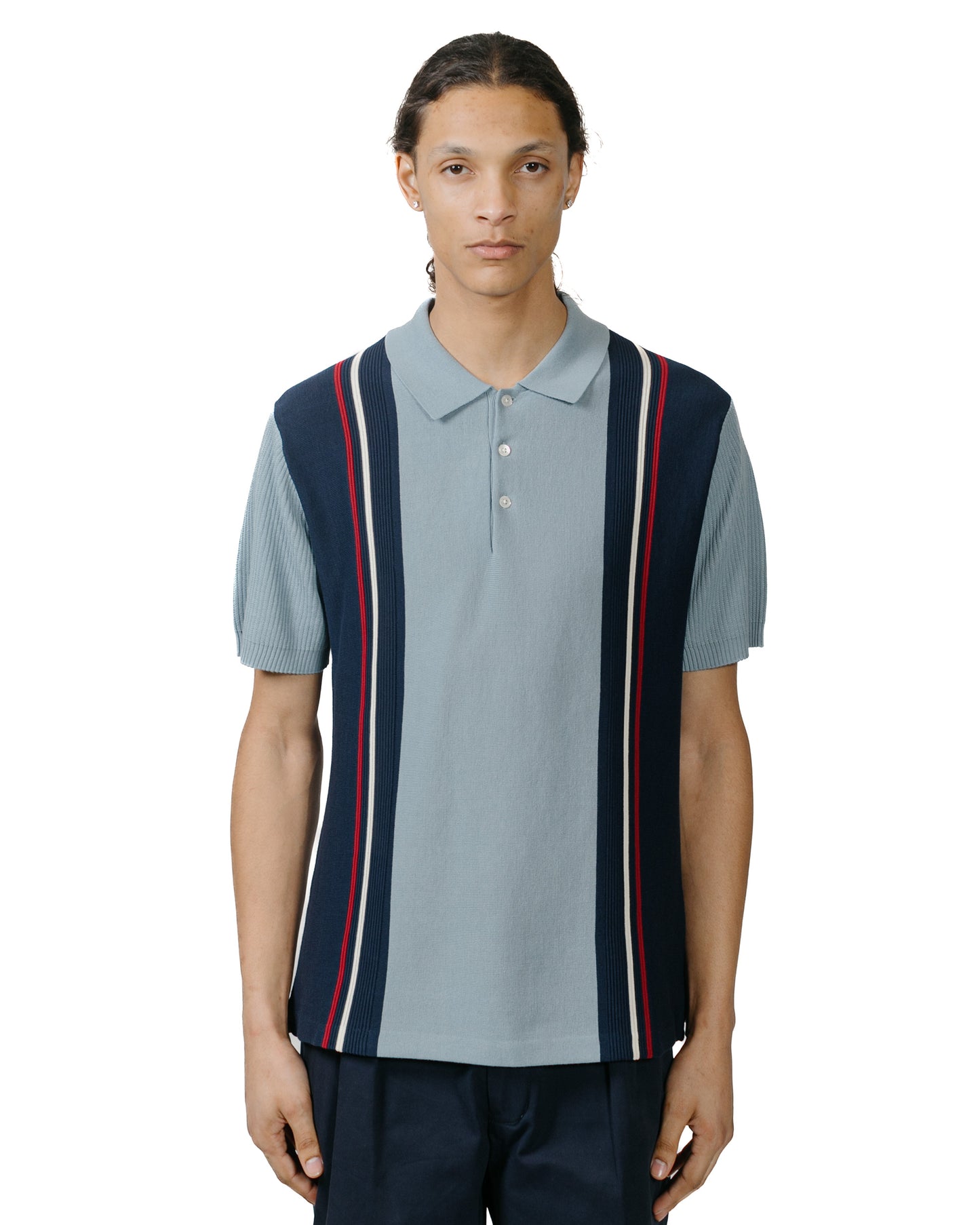 Beams Plus Knit Polo Stripe Sax model front